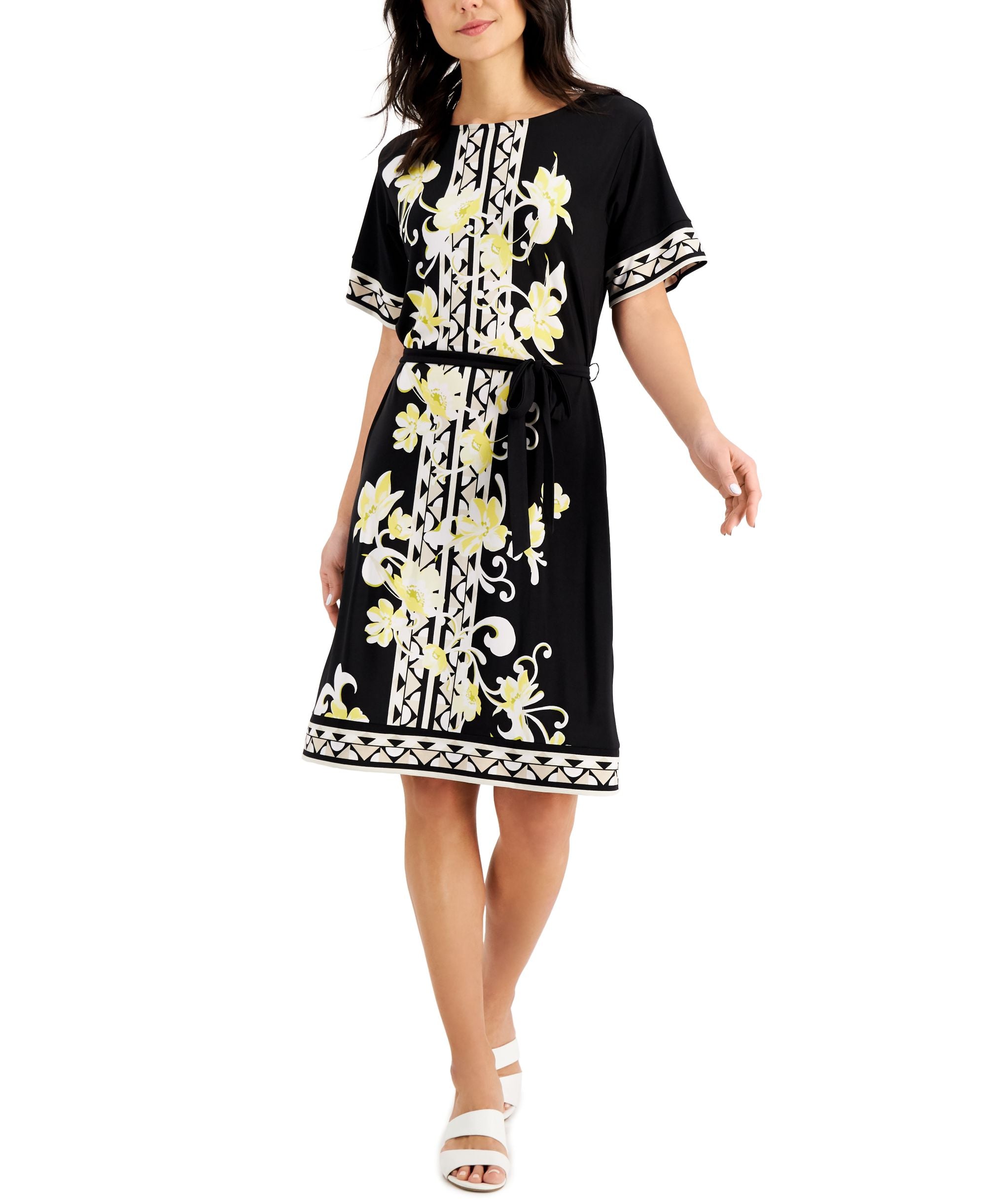 JM Collection Petite Floral Print Belted Dress