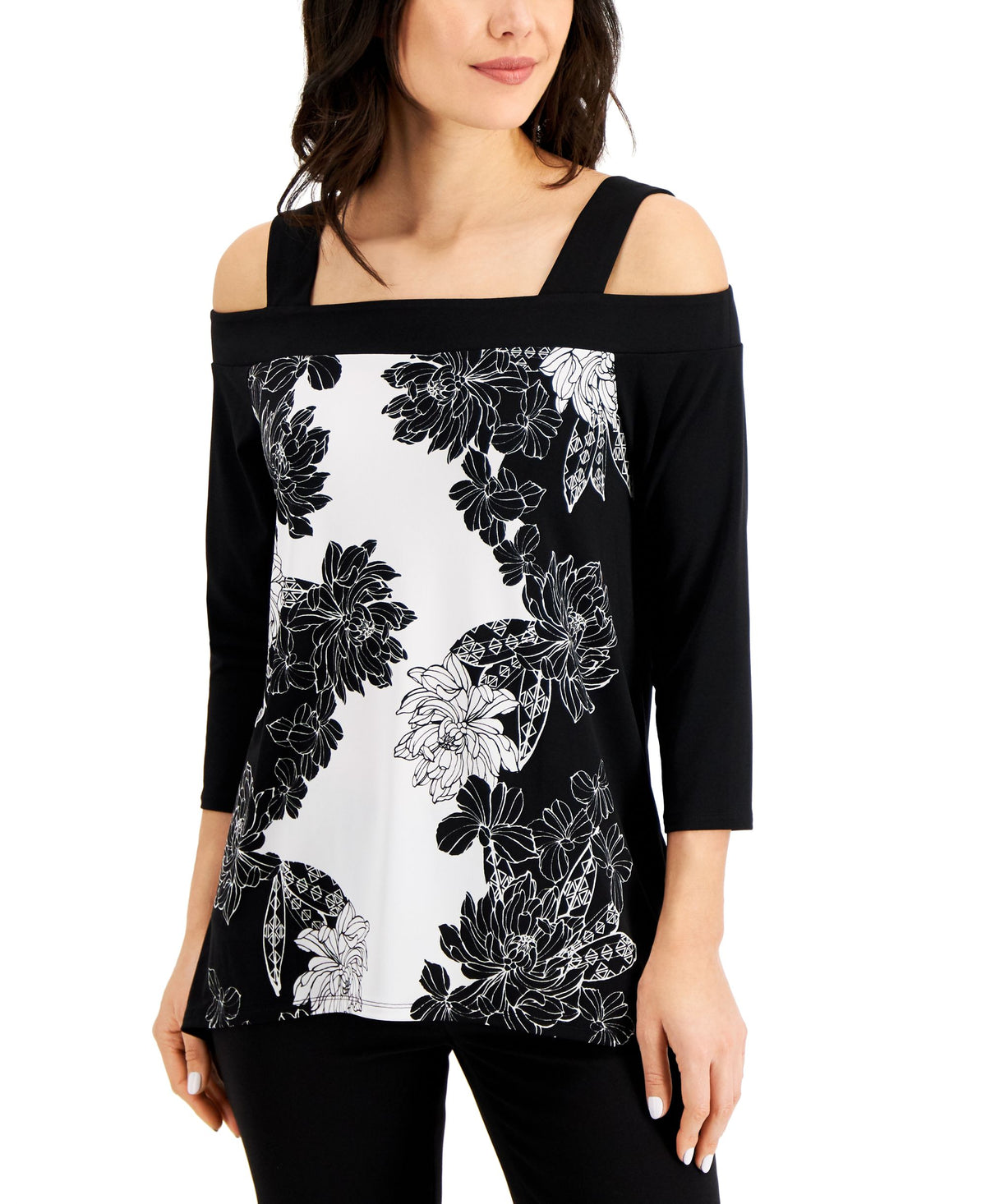 JM Collection Floral Print Cold Shoulder Top
