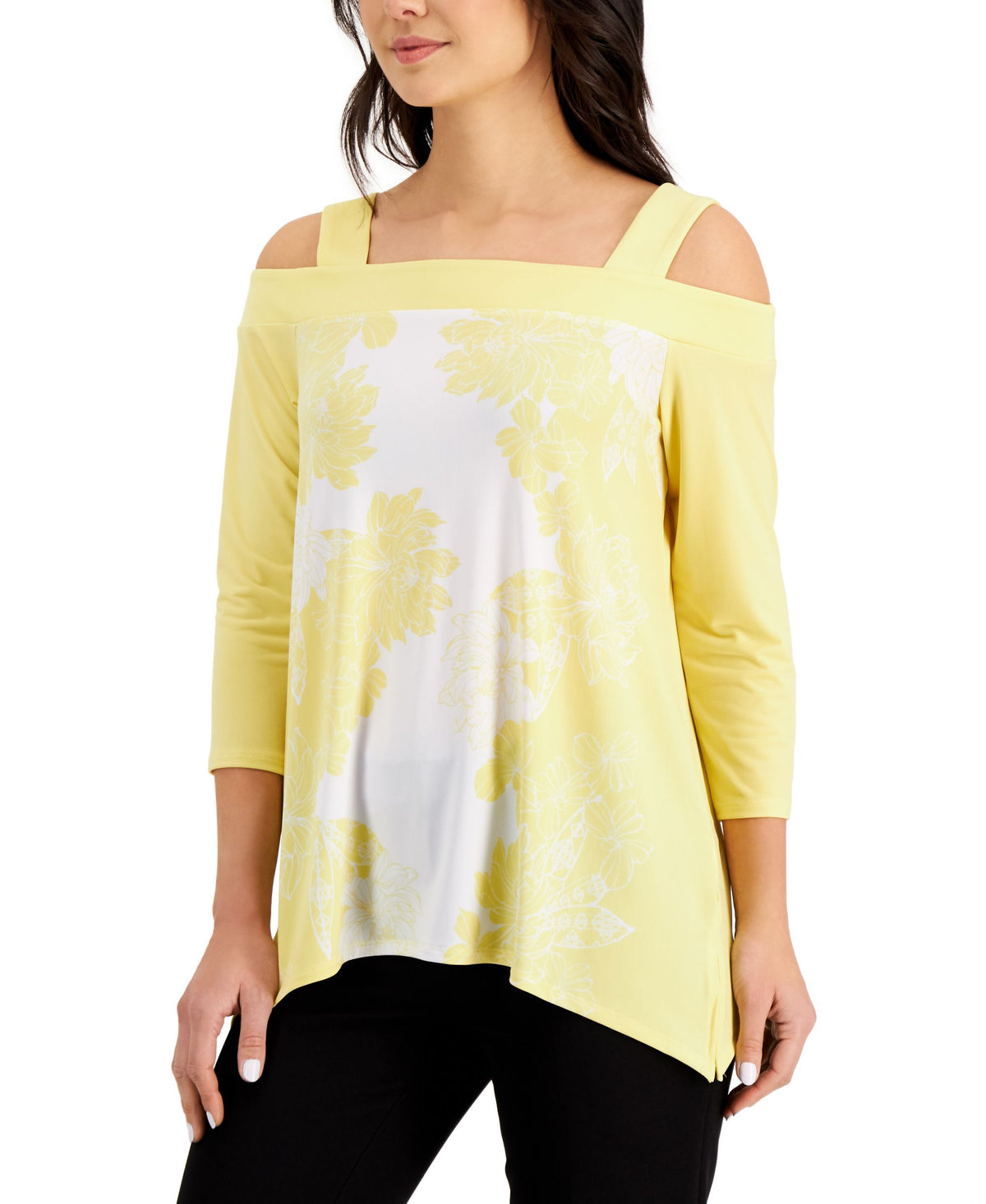 JM Collection Floral Print Cold Shoulder Top