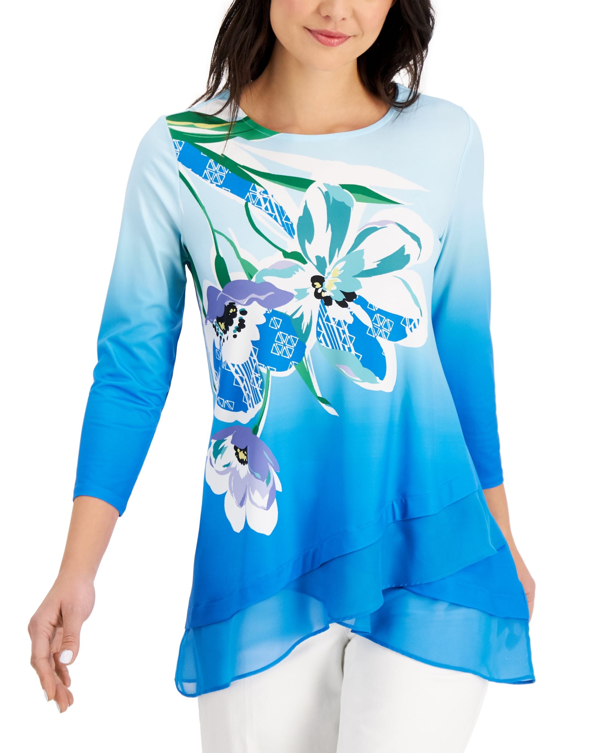 JM Collection Floral Print Tiered Hem Top