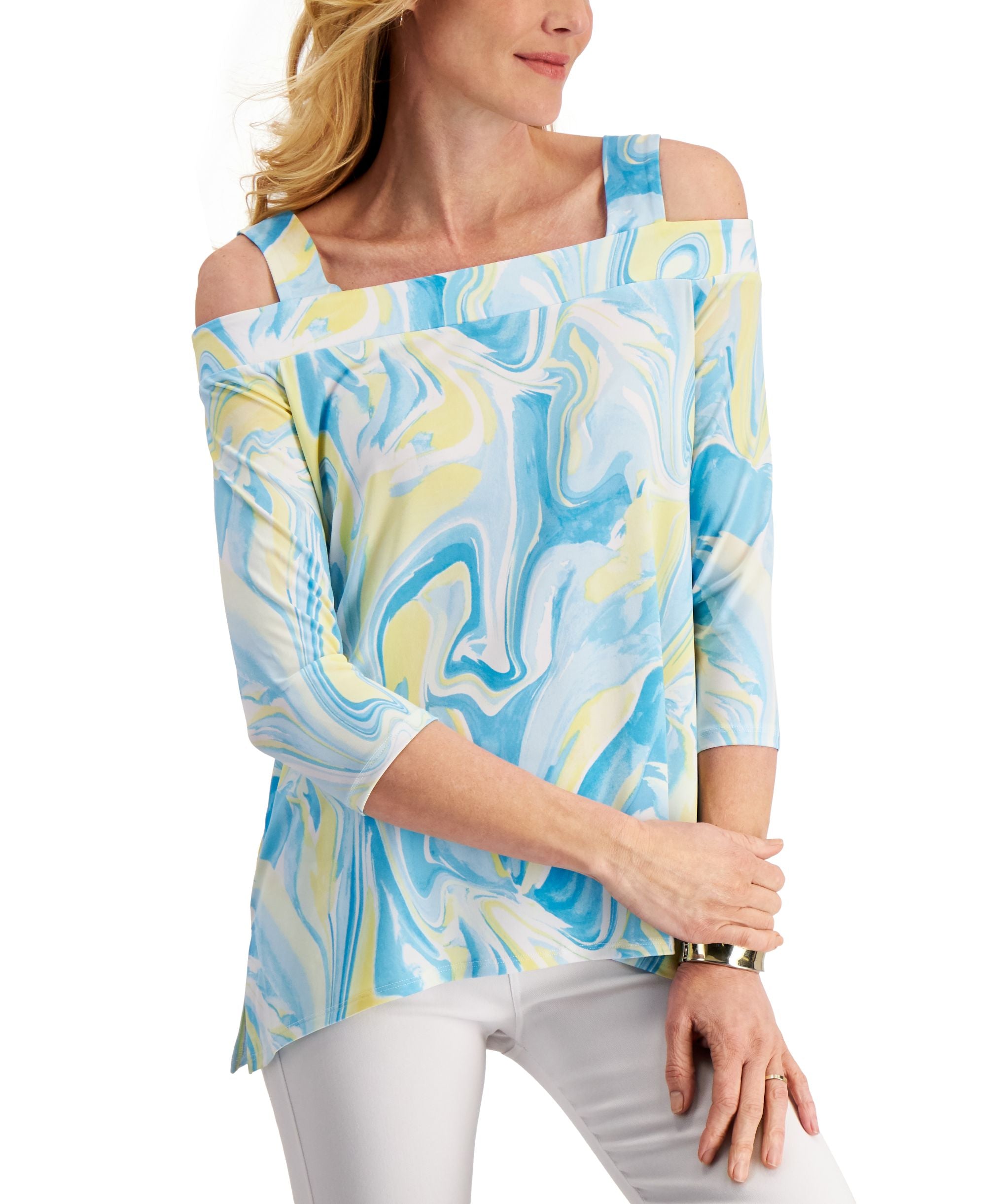 JM Collection Cold Shoulder Printed Top