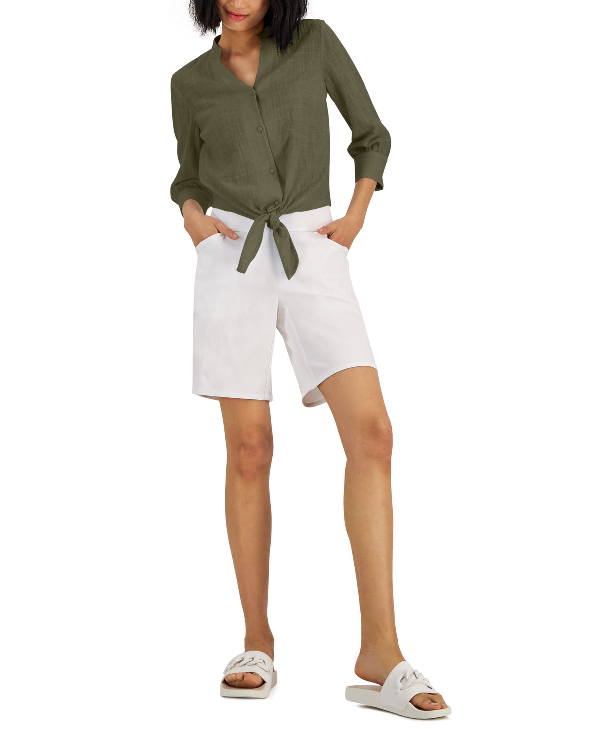 INC International Concepts Petite Tie Waist Button Front Top