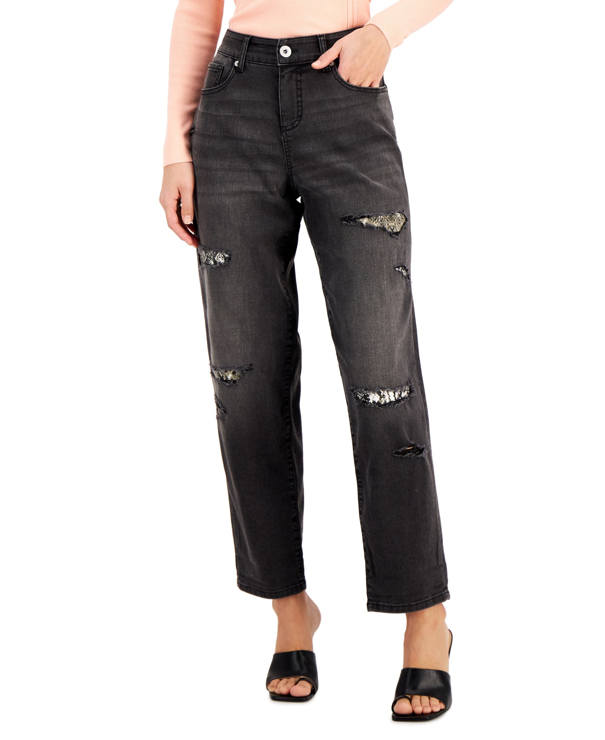 INC International Concepts Womens High Rise Ripped Leopard Boyfriend Jeans