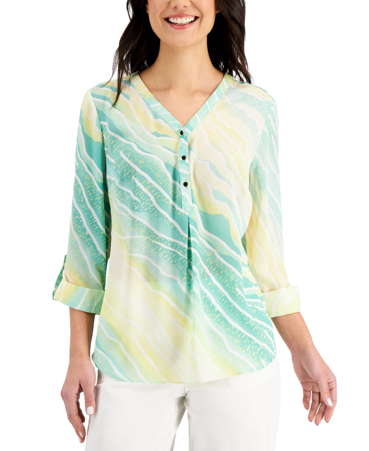JM Collection Zebra Print Y Neck Roll Tab Top