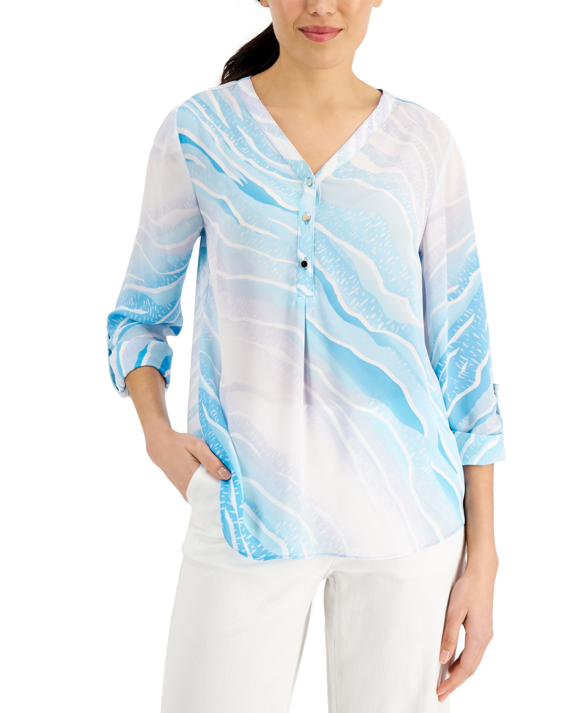 JM Collection Petite Printed Roll Tab Sleeve Top