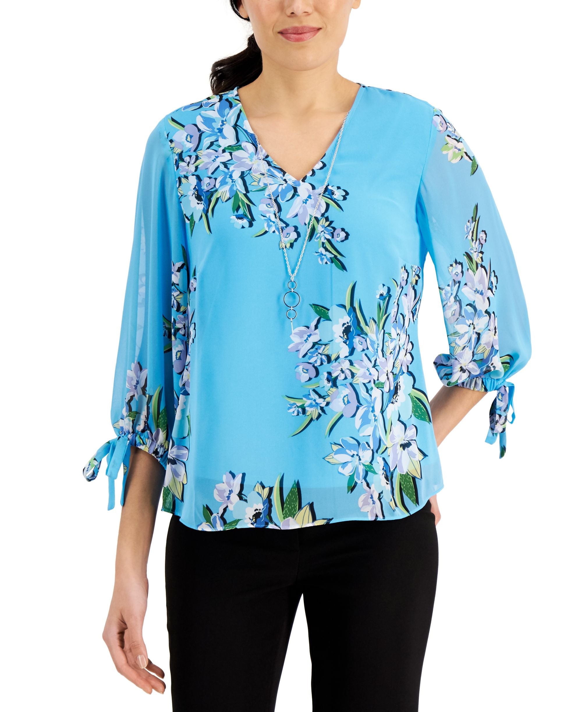 JM Collection Floral Print Tie Sleeve Necklace Top
