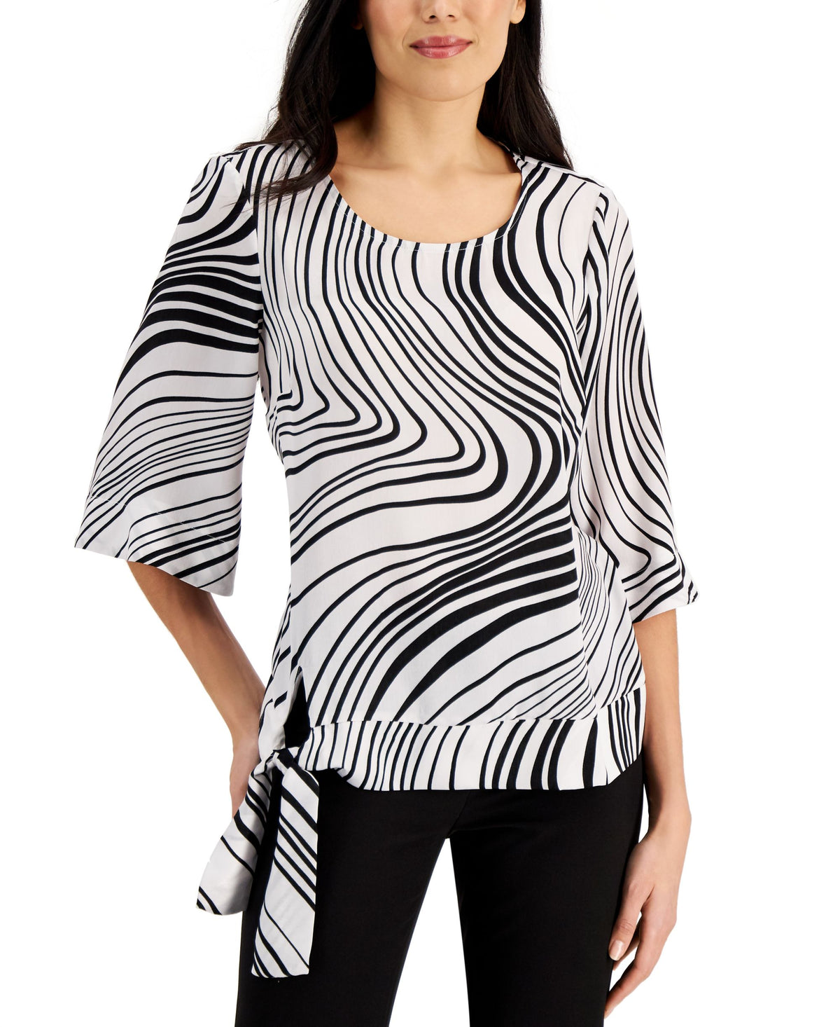 JM Collection Swirl Print Tie Hem Flare Sleeve Top