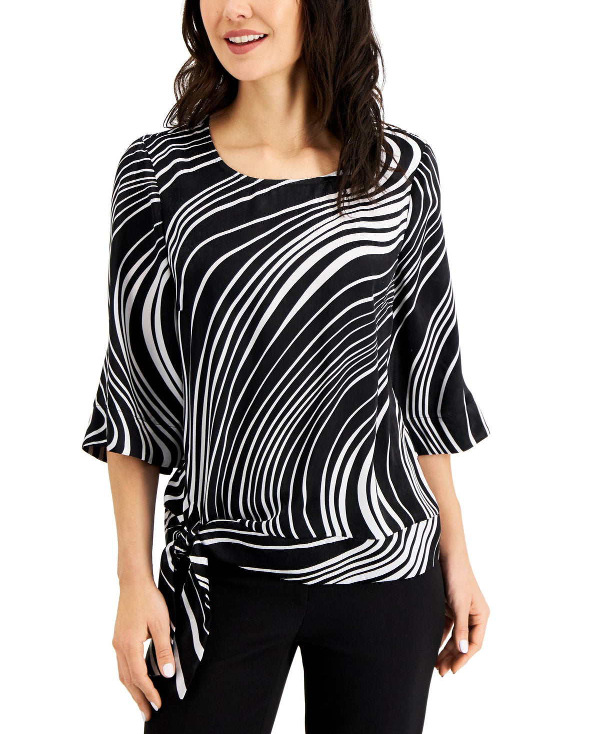 JM Collection Swirl Print Tie Hem Flare Sleeve Top