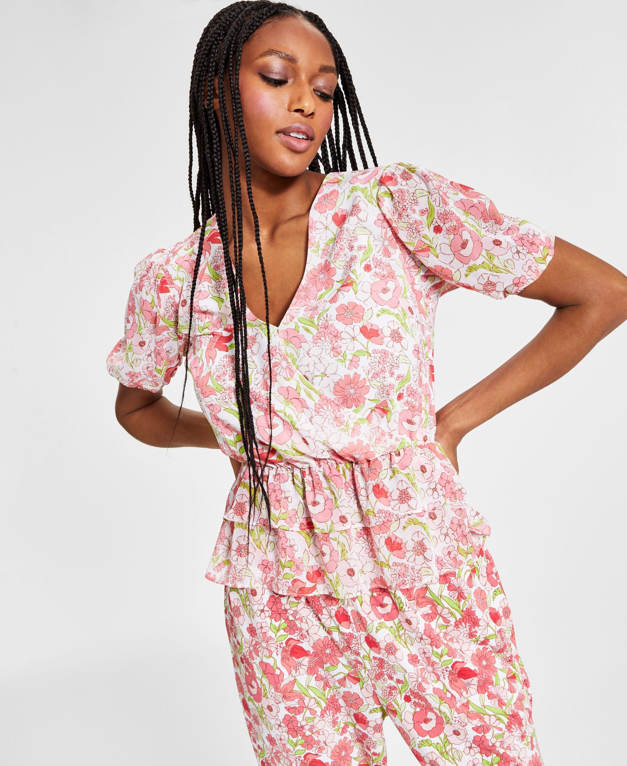 Bar III Printed Puff Sleeve Peplum Top