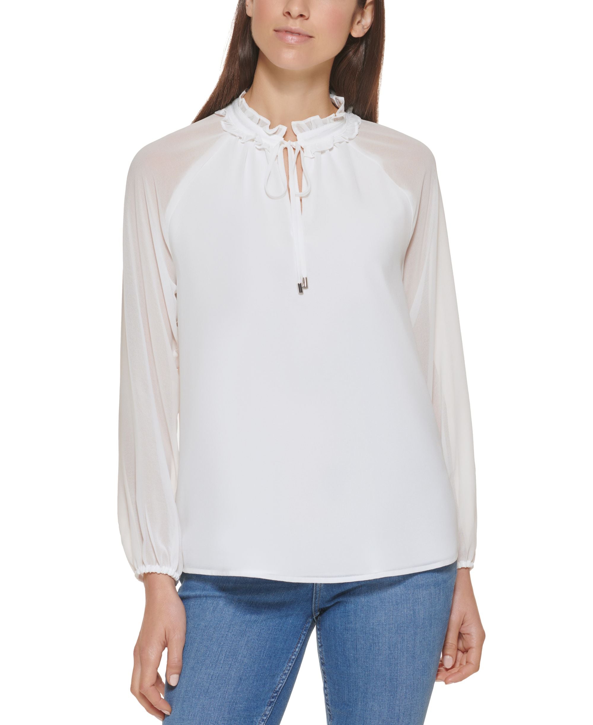 Calvin Klein Tie Neck Sheer Sleeve Blouse