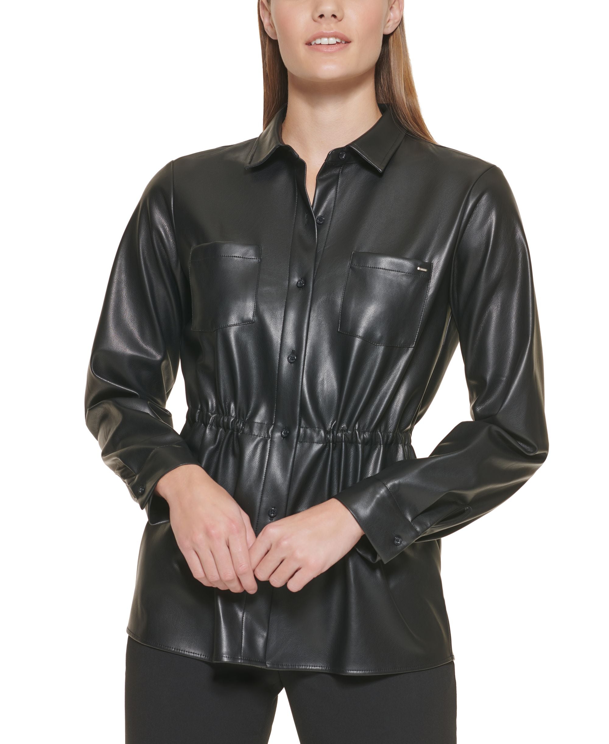 Calvin Klein Faux Leather Cinched Waist Shirt