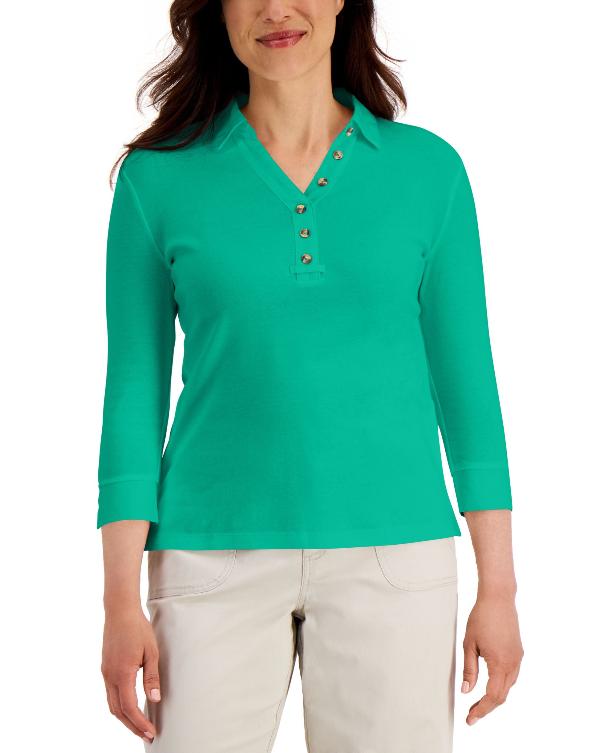Karen Scott V Neck 3/4 Sleeve Cotton Top
