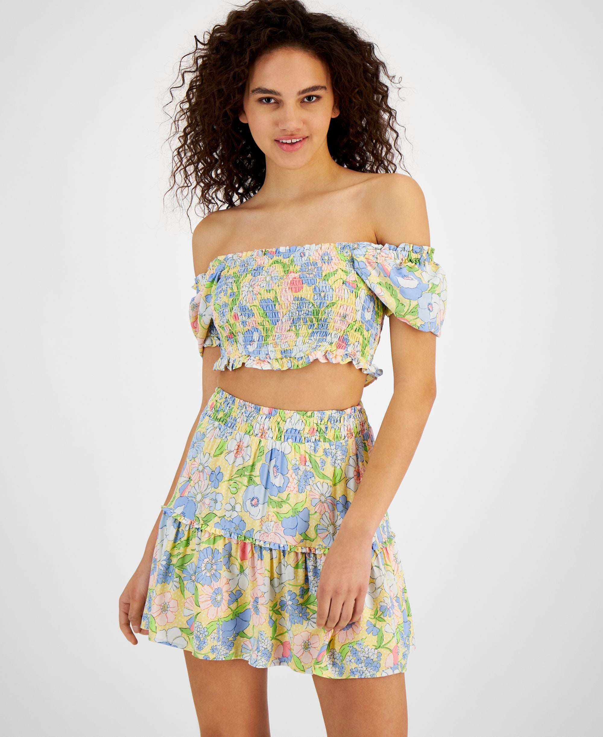 Bar III Womens Printed Off The Shoulder Smocked Top