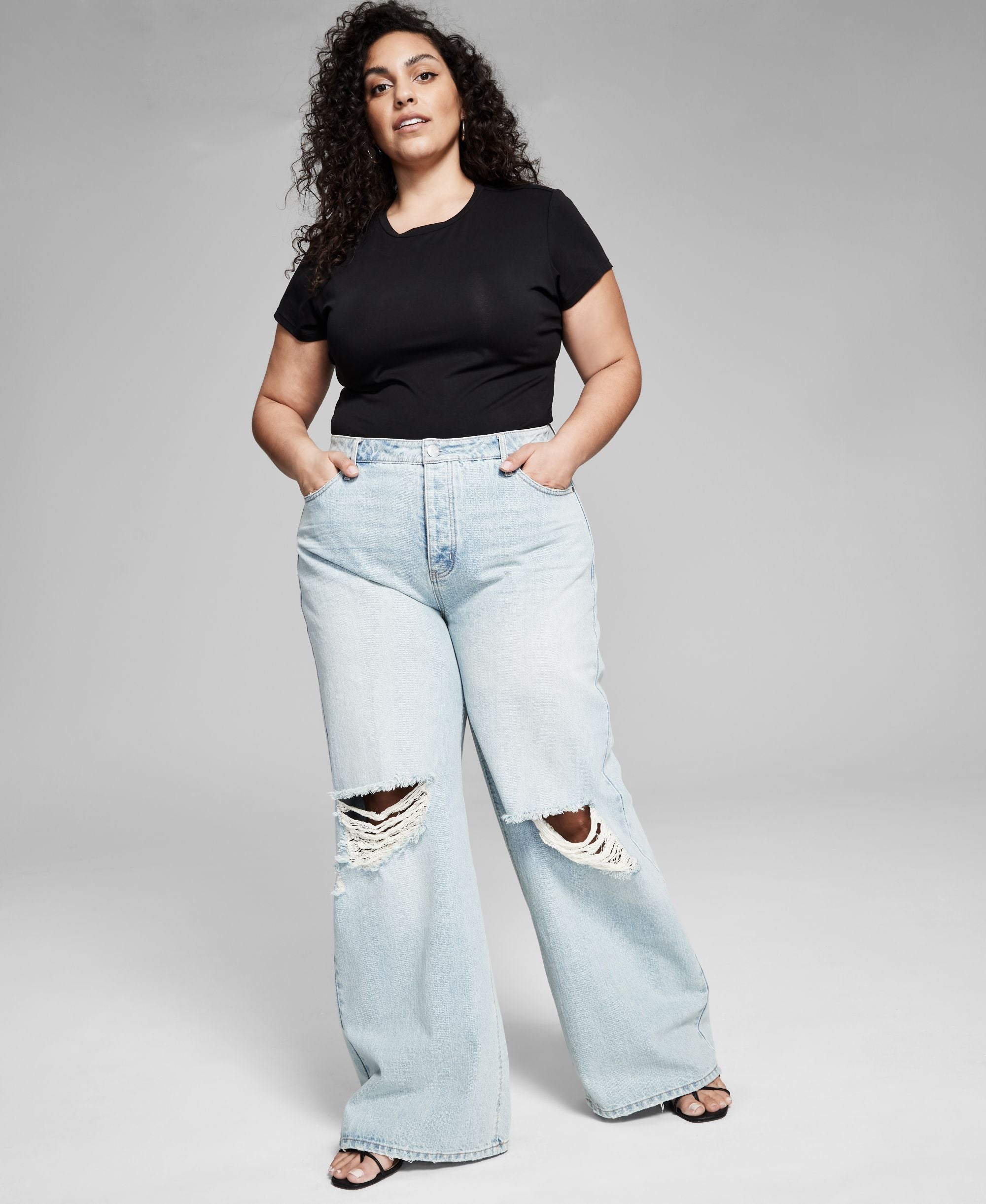 Now This Trendy Plus Size Cotton Ripped Wide Leg Jeans