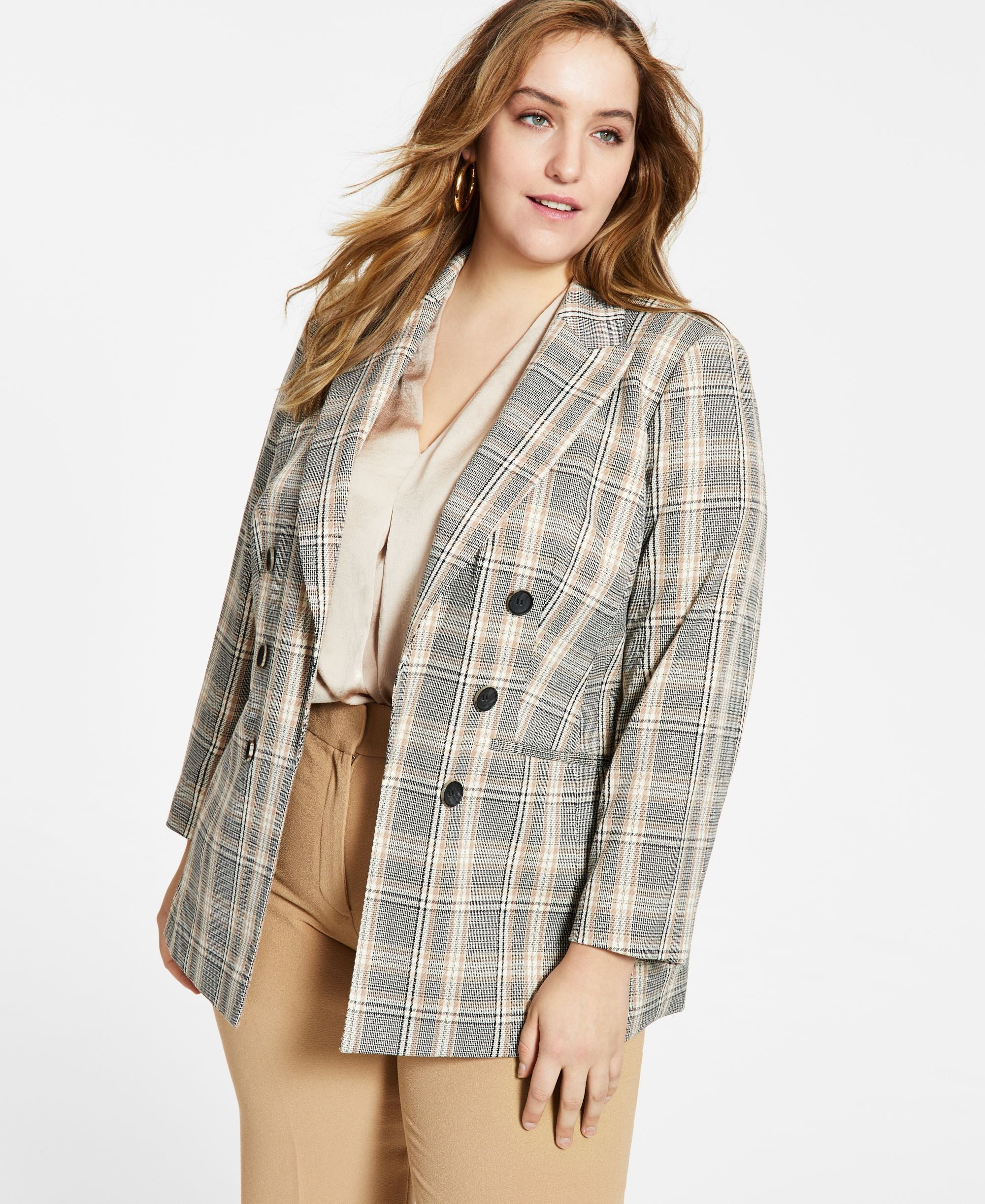 Bar III Plus Size Plaid Open Front Jacket