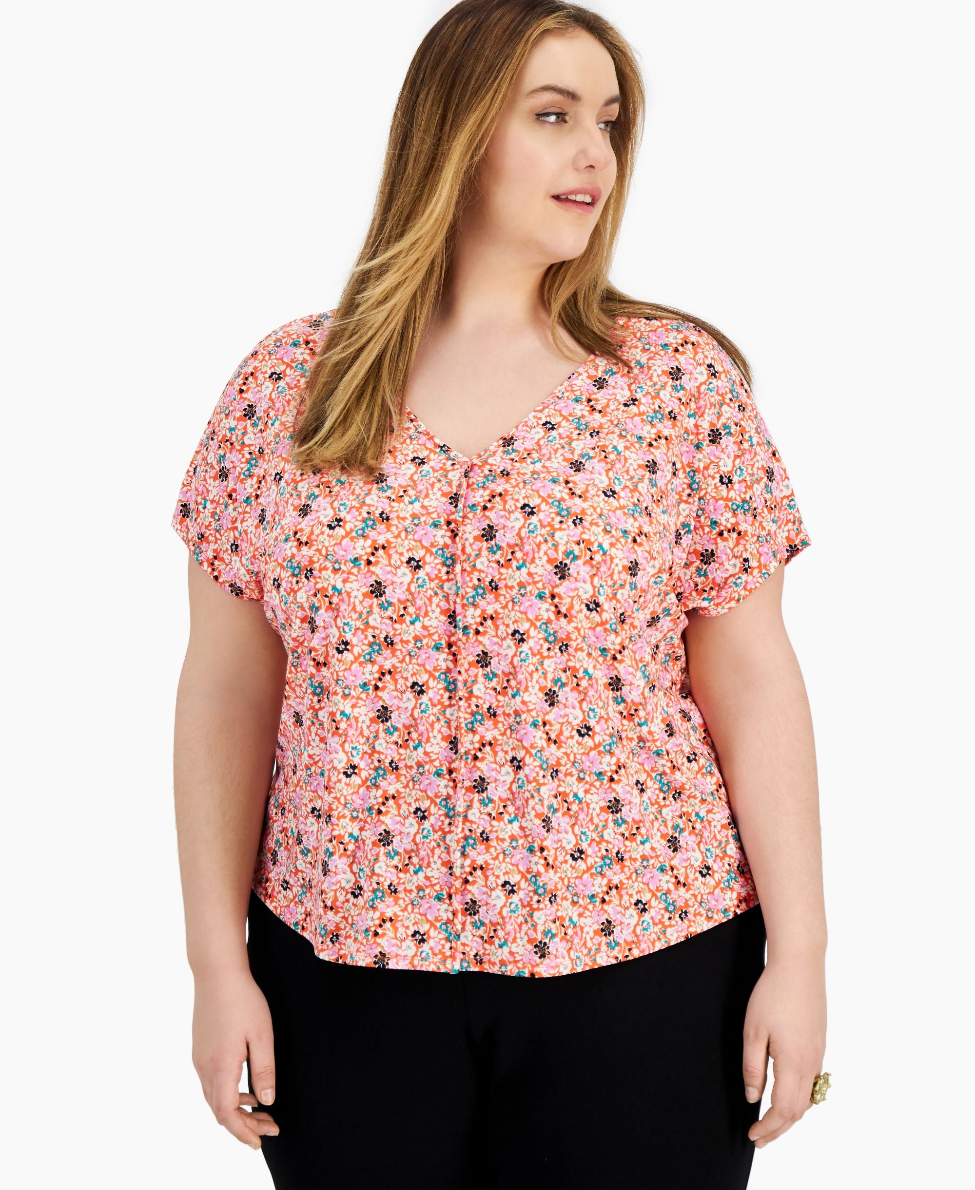 Bar III Plus Size Printed V Neck Top