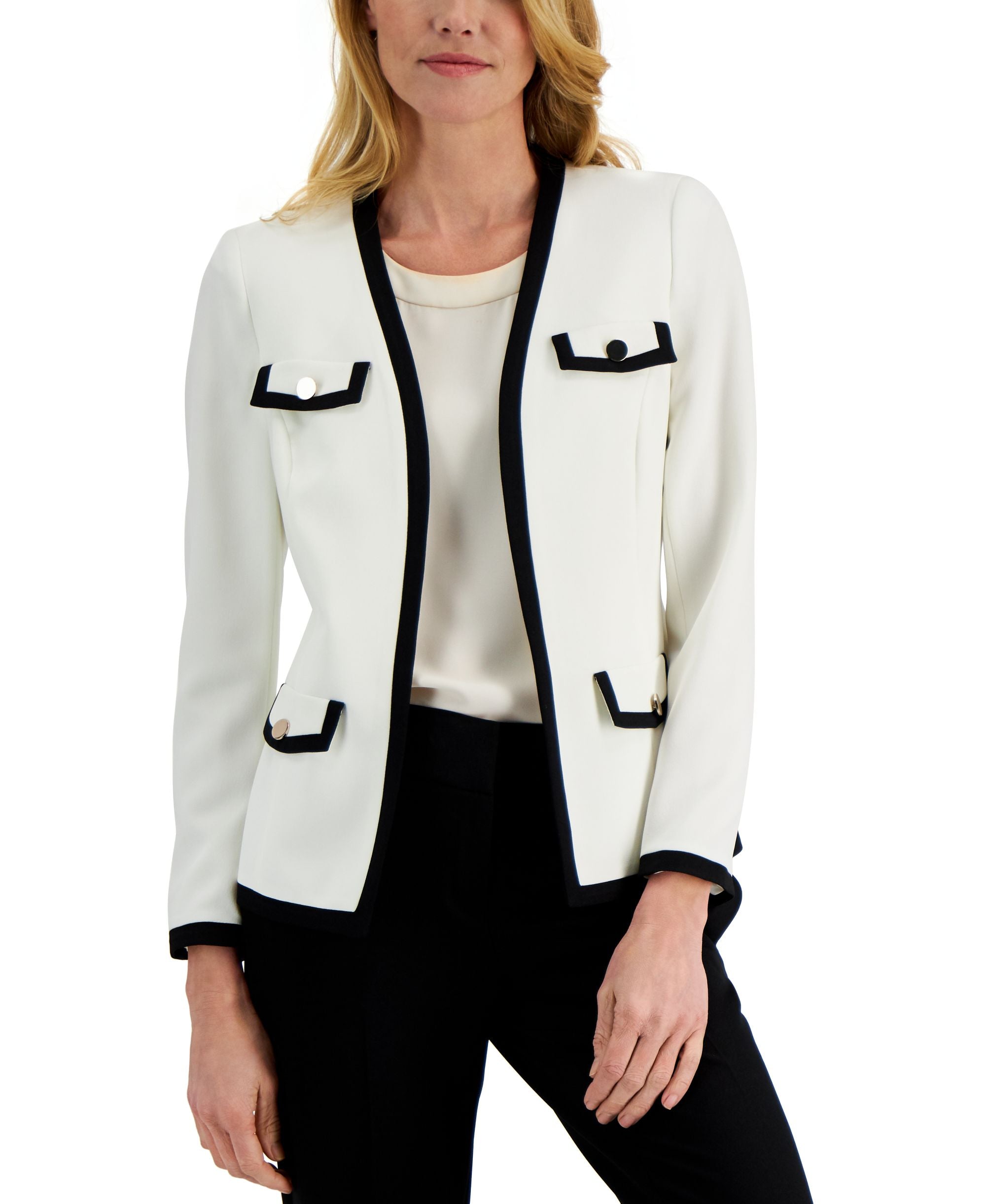 Kasper Long Sleeve Framed Open Front Cardigan