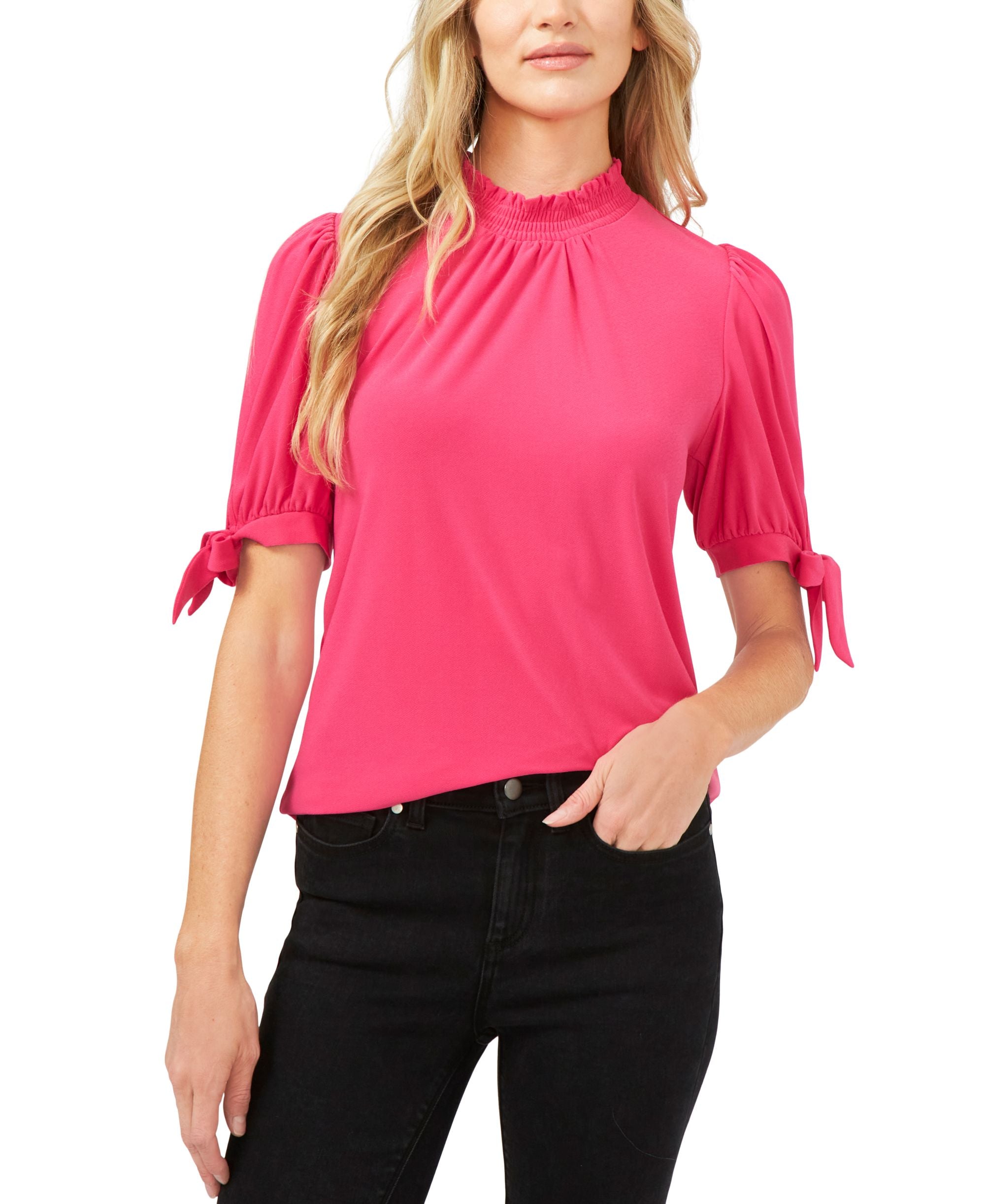 Mock Neck Tie-Sleeve Cotton Top