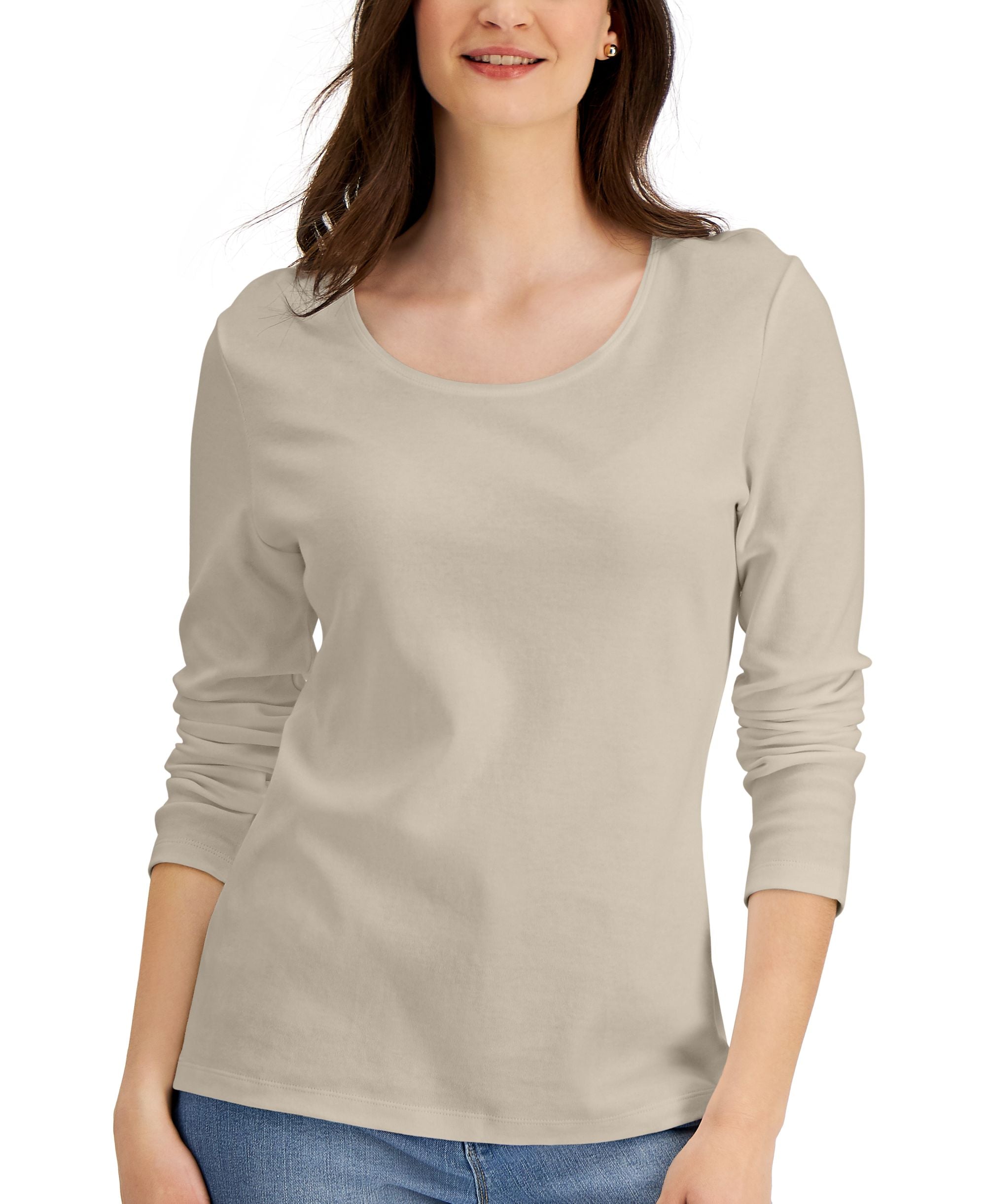 Long Sleeve Cotton Scoop-Neckline Top