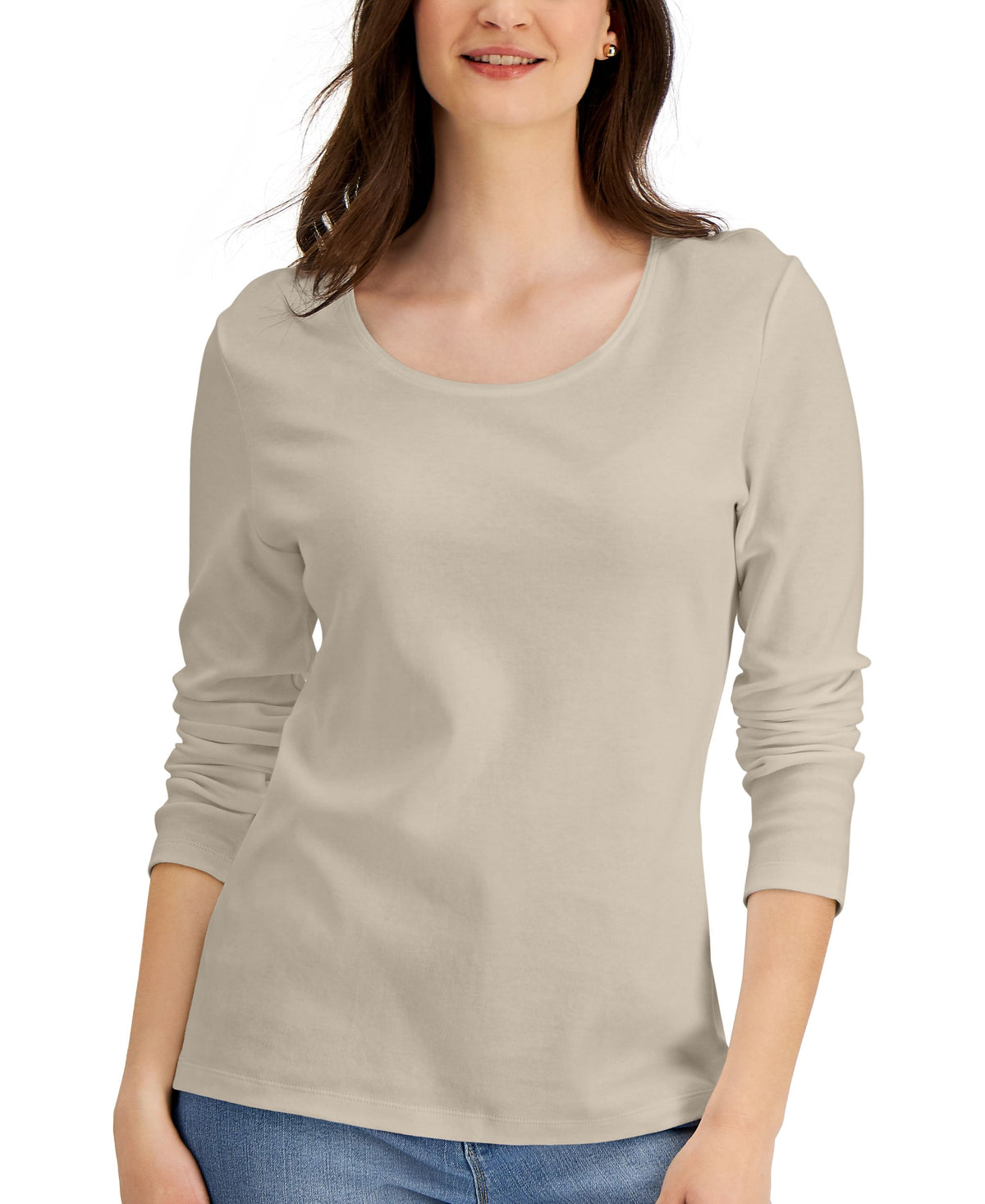 Long Sleeve Cotton Scoop-Neckline Top