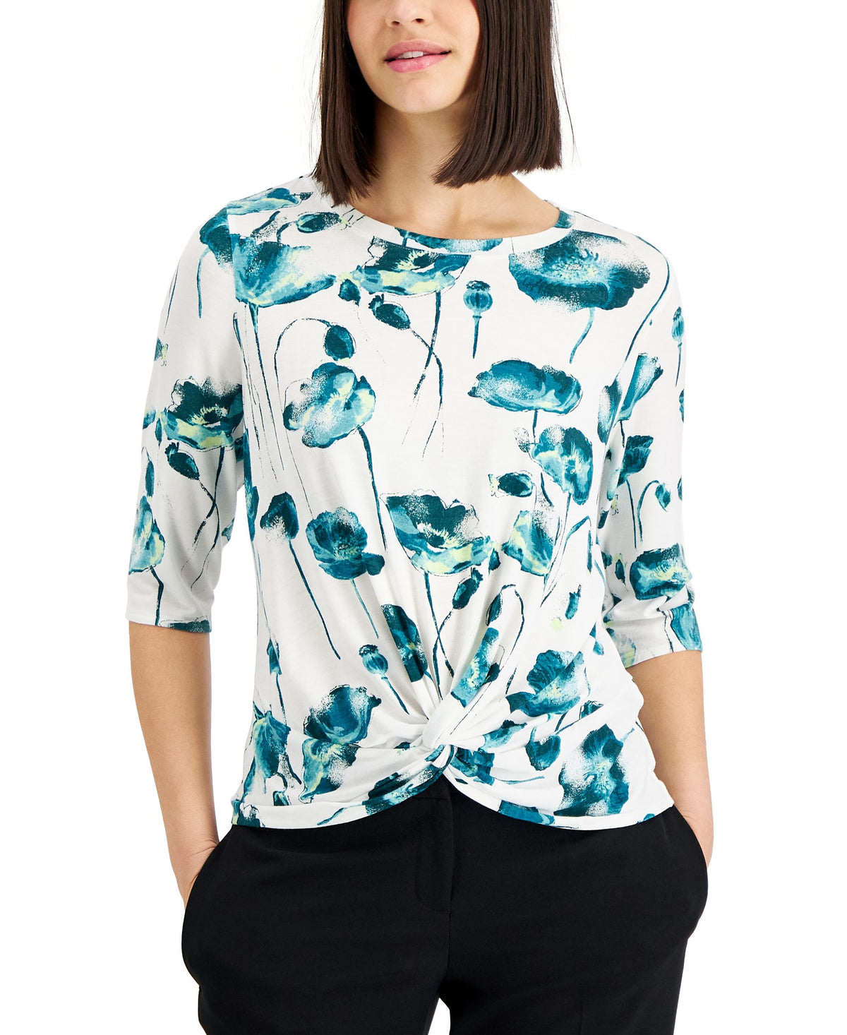 Alfani Floral Print Knot Hem Top