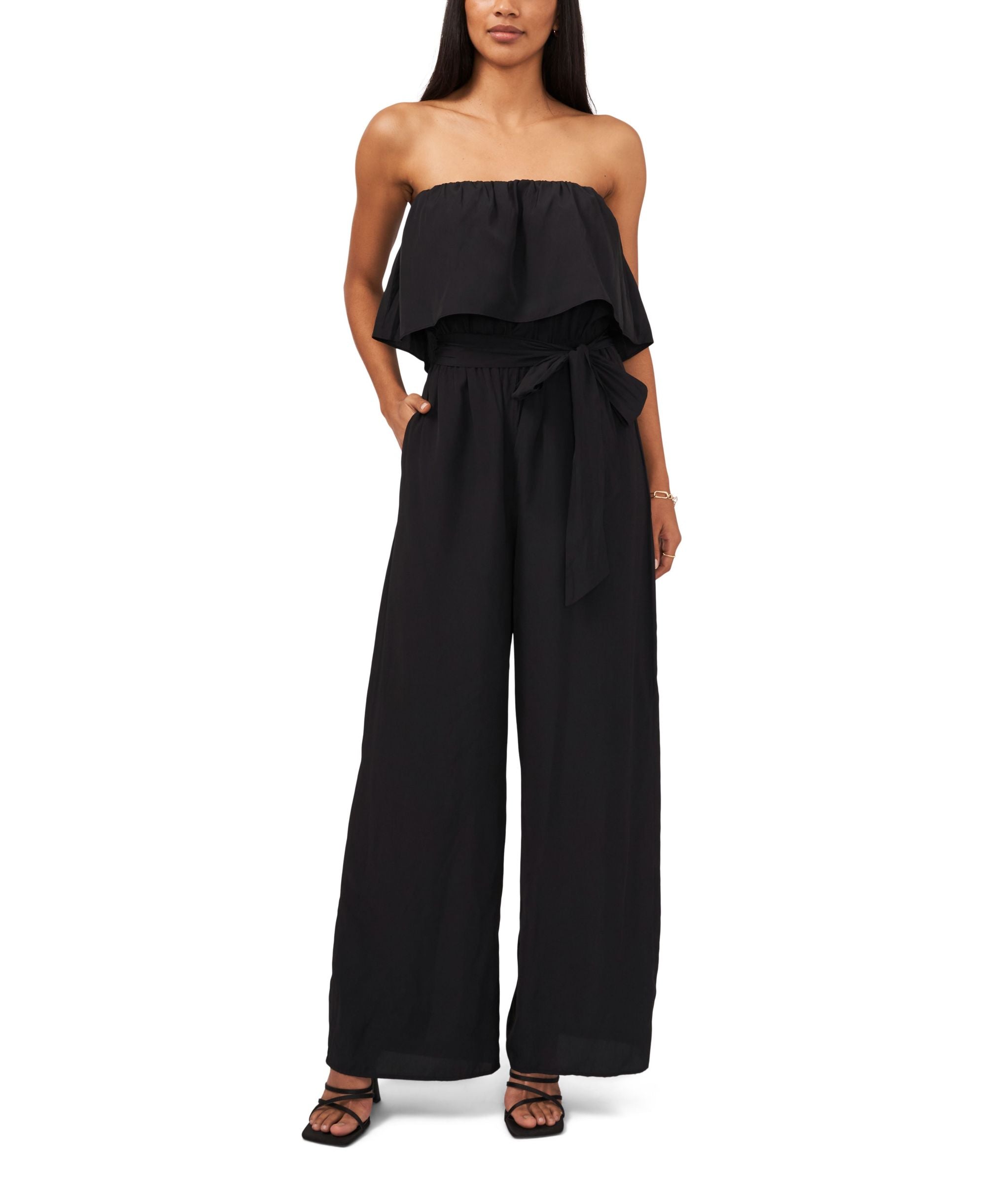 Women's Strapless Tie Waist Solid Jumpsuit