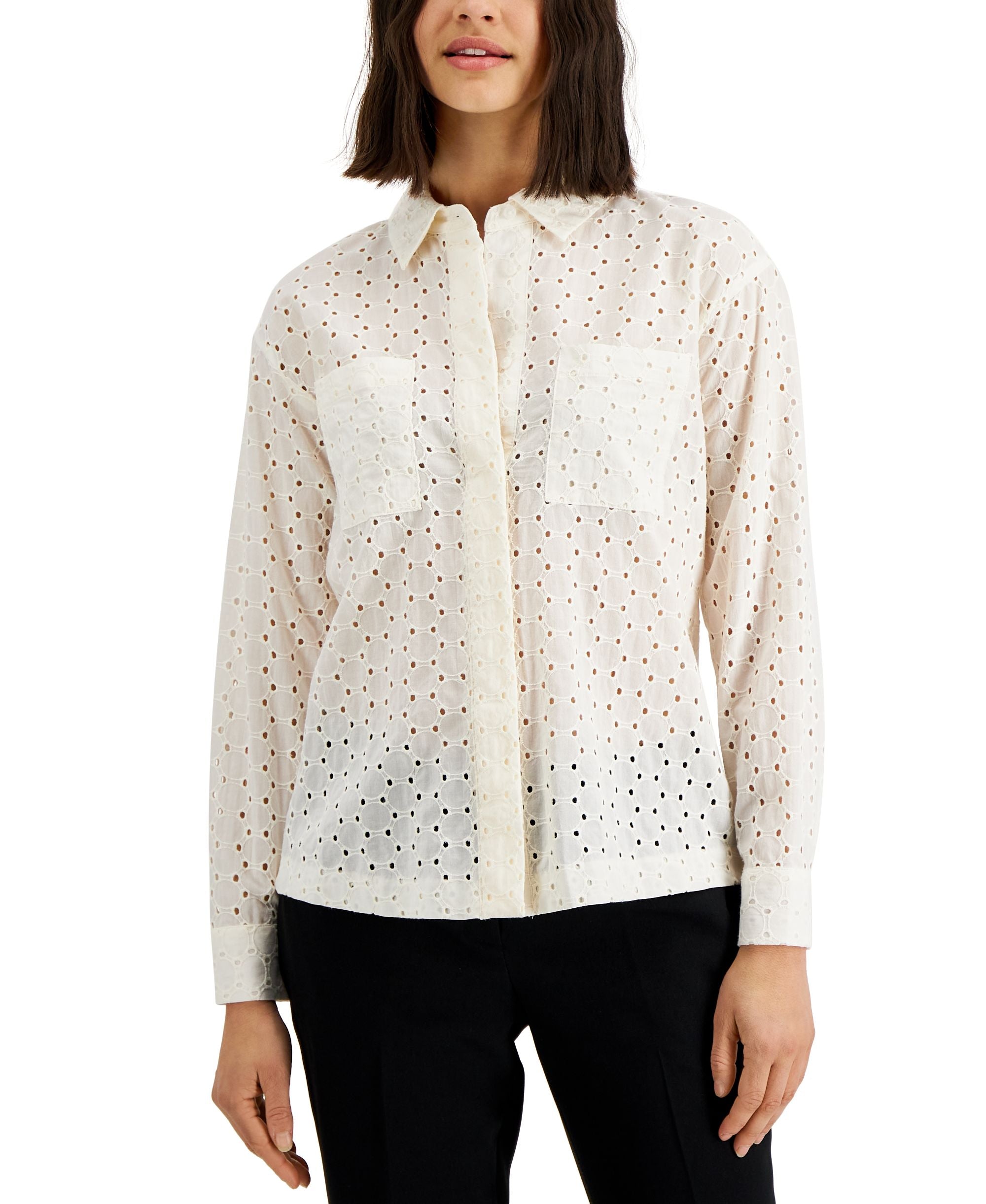 Alfani Petite Cotton Eyelet Button Front Top