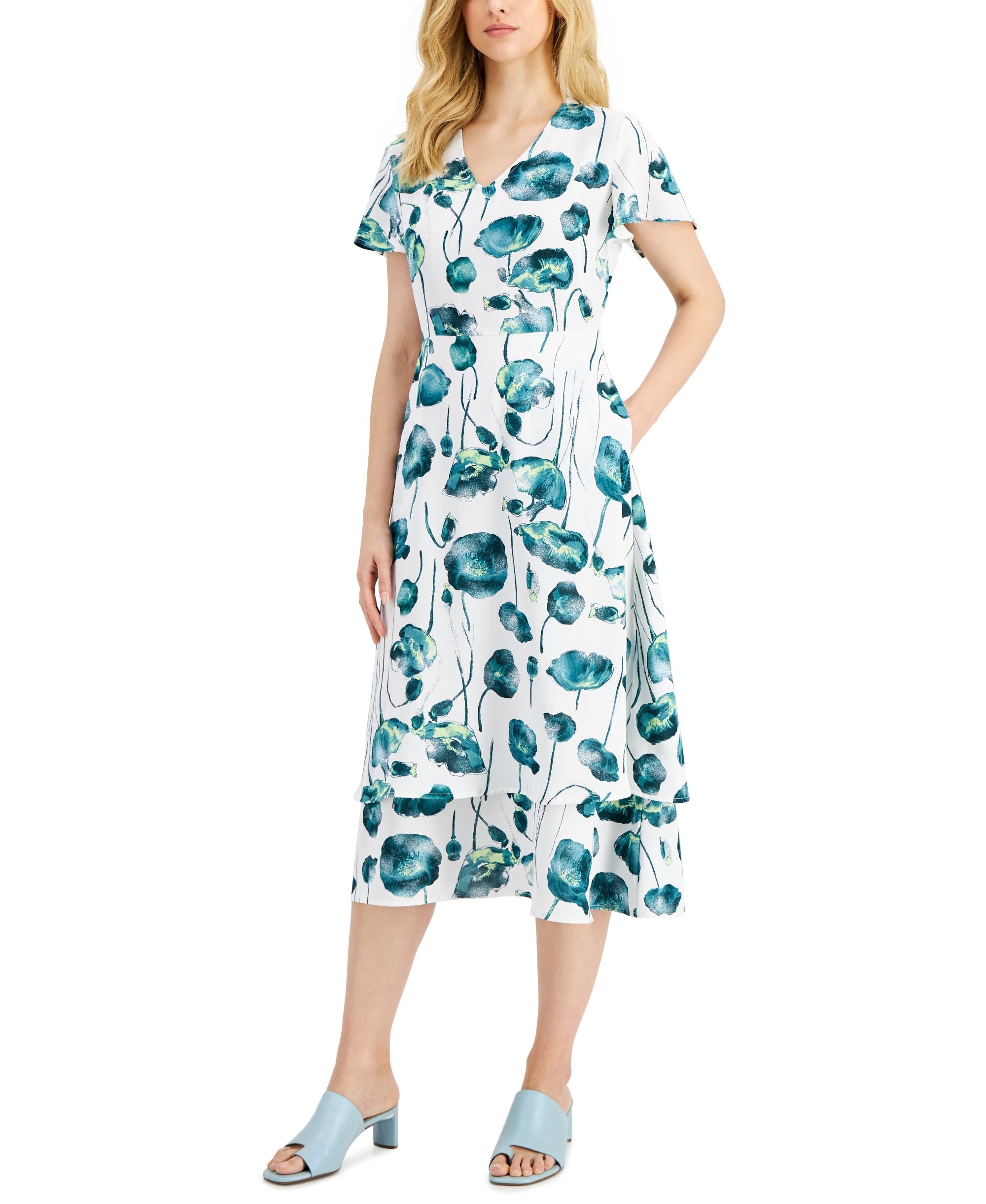 Alfani Petite V Neck Flutter Sleeve Midi Dress