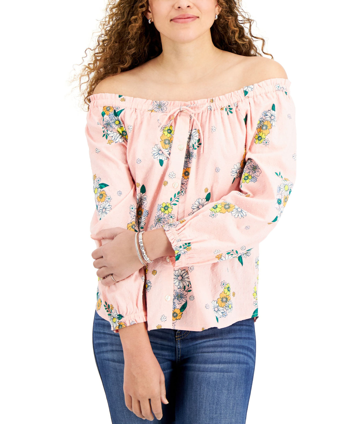 Style & Co Retro Floral Off The Shoulder Blouse