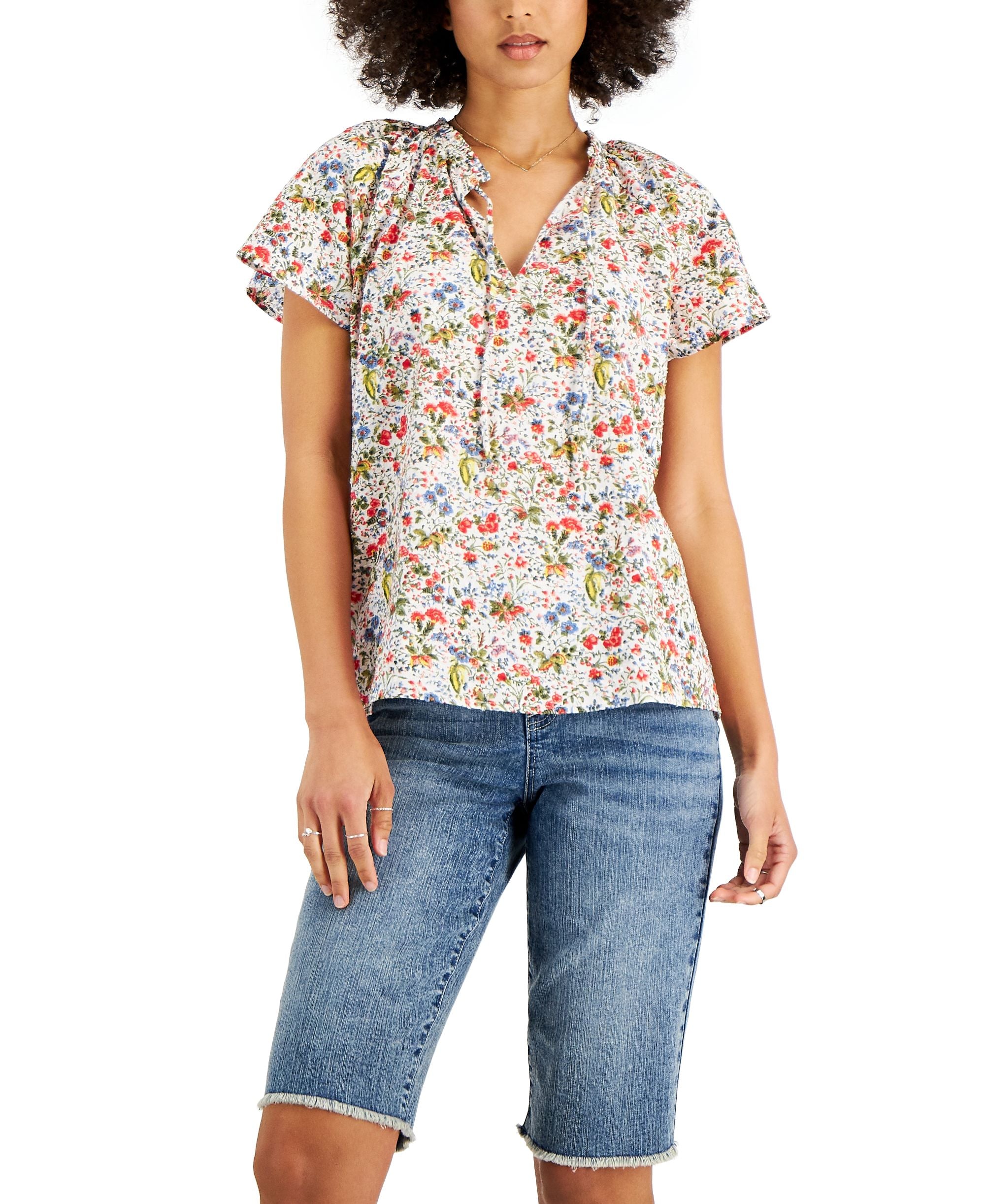 Style & Co Petite Printed Split Neck Cotton Top