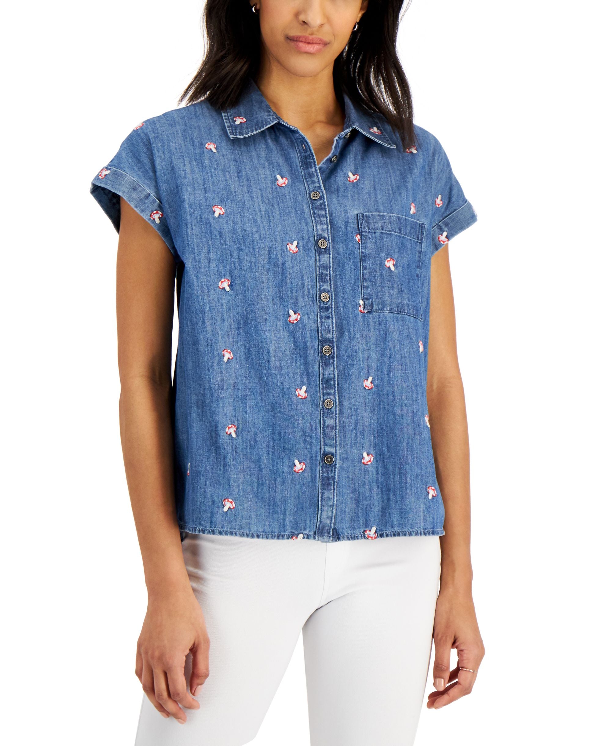 Style & Co Petite Embroidered Mushroom Camp Shirt