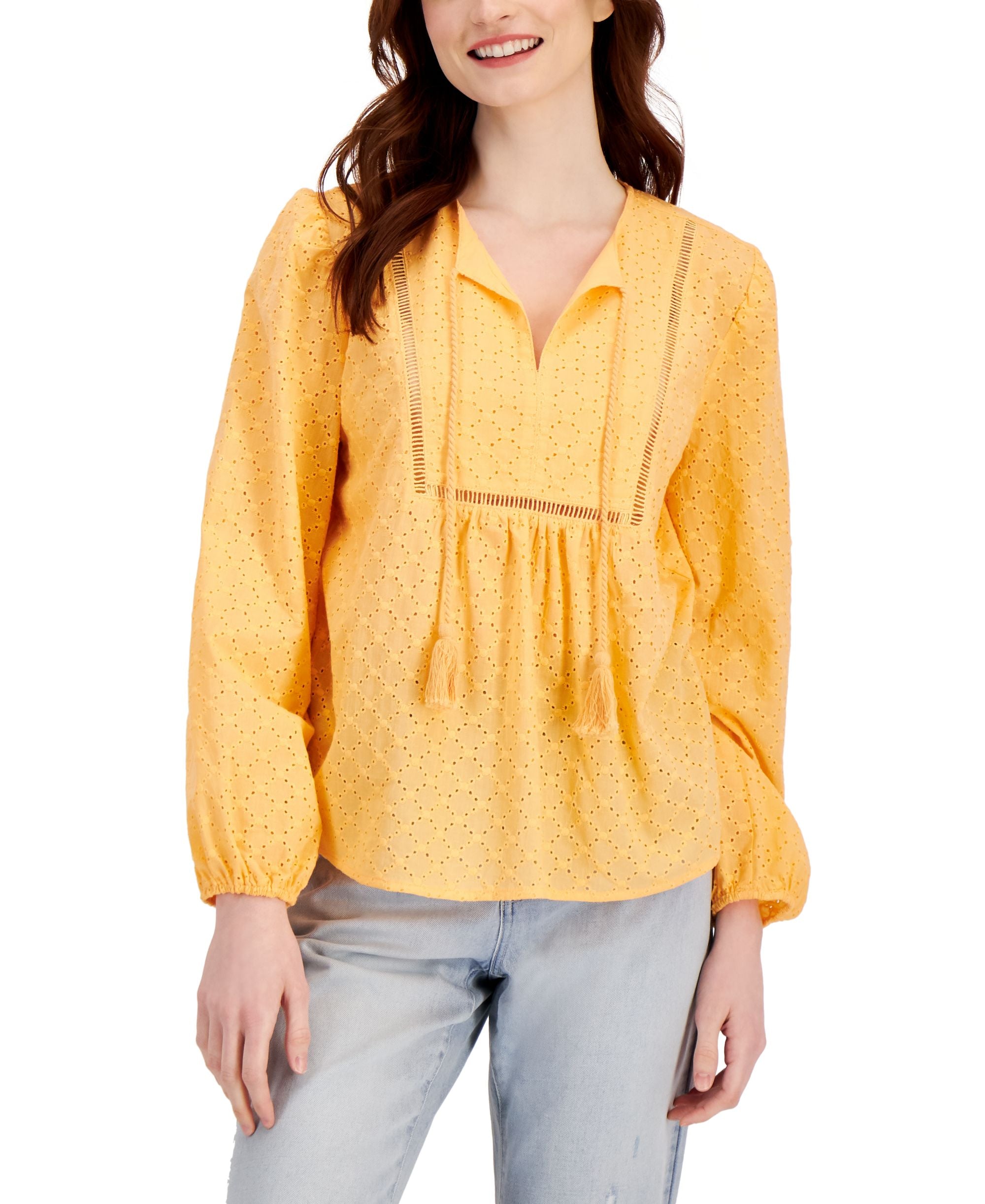 Style & Co Womens Cotton Eyelet Embroidered Ladder Trim Top