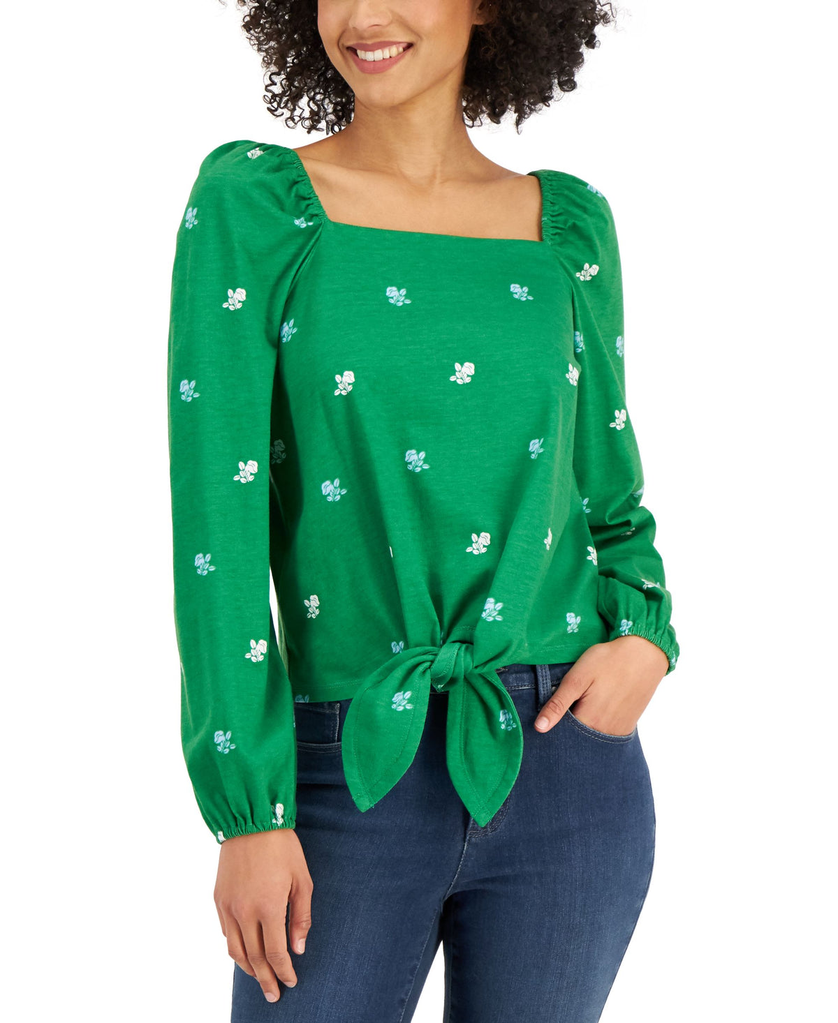 Charter Club Poppy Print Square Neck Tie Front Top