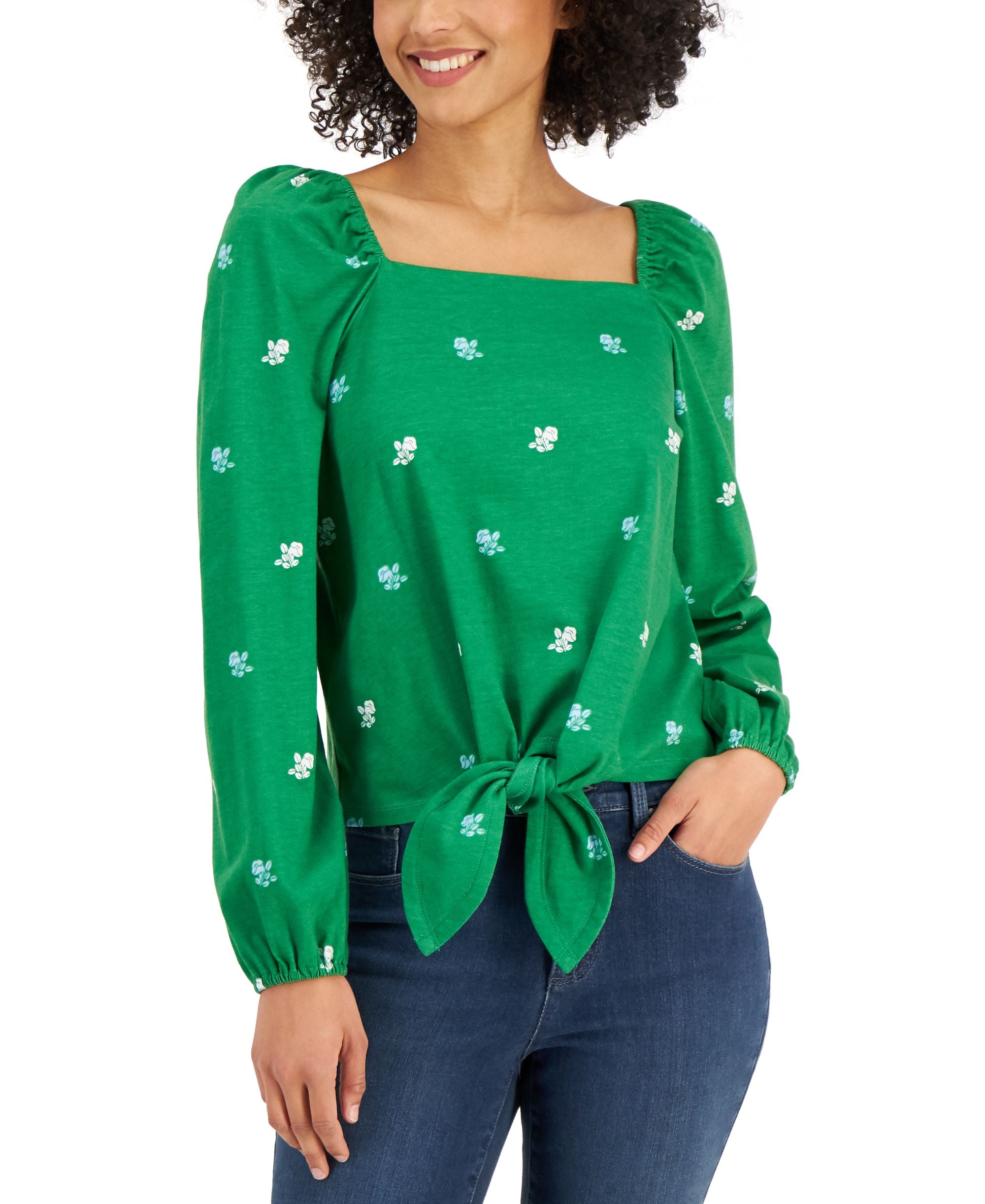 Charter Club Poppy Print Square Neck Tie Front Top