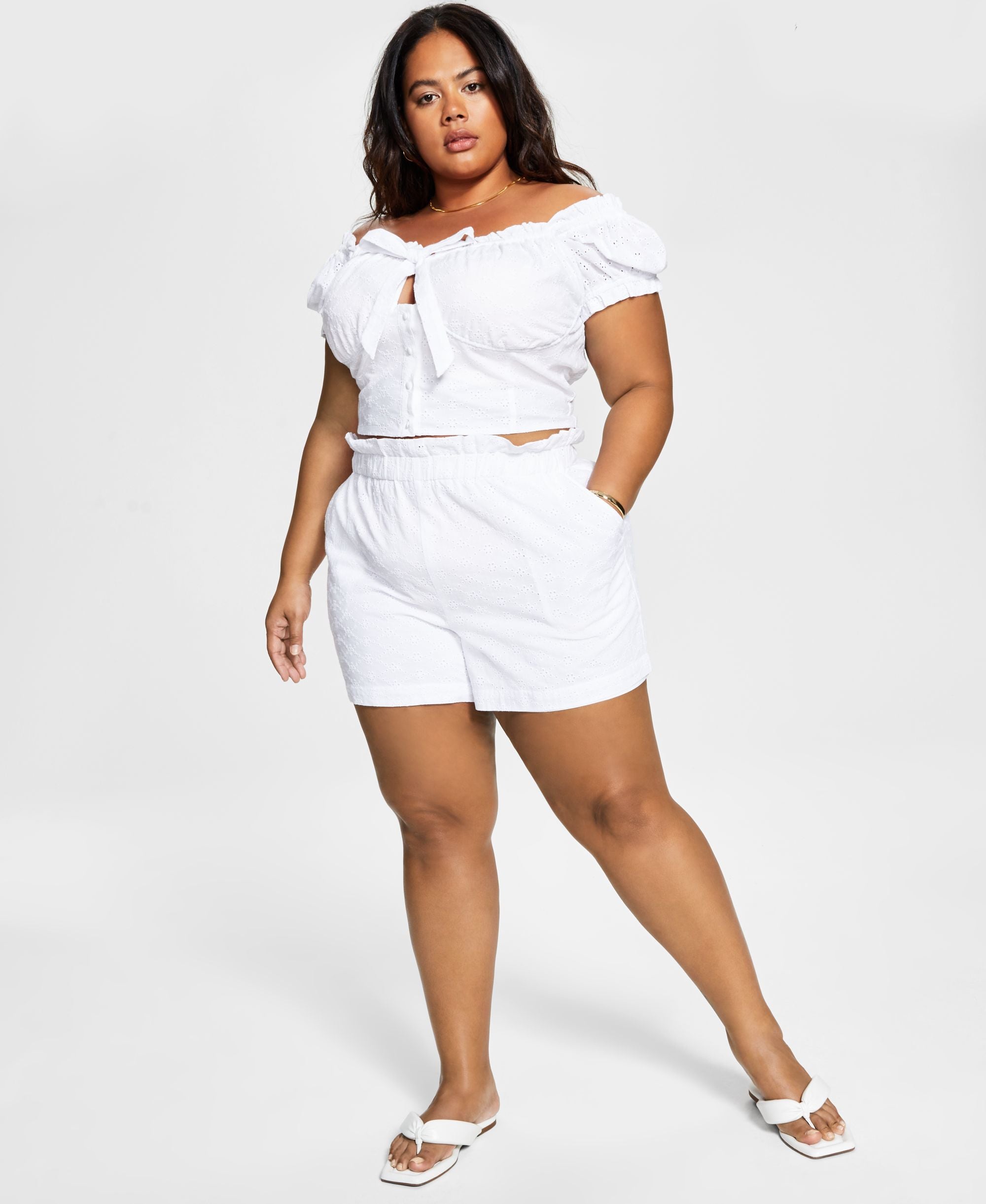 Bar III Trendy Plus Size Pull On Eyelet Shorts