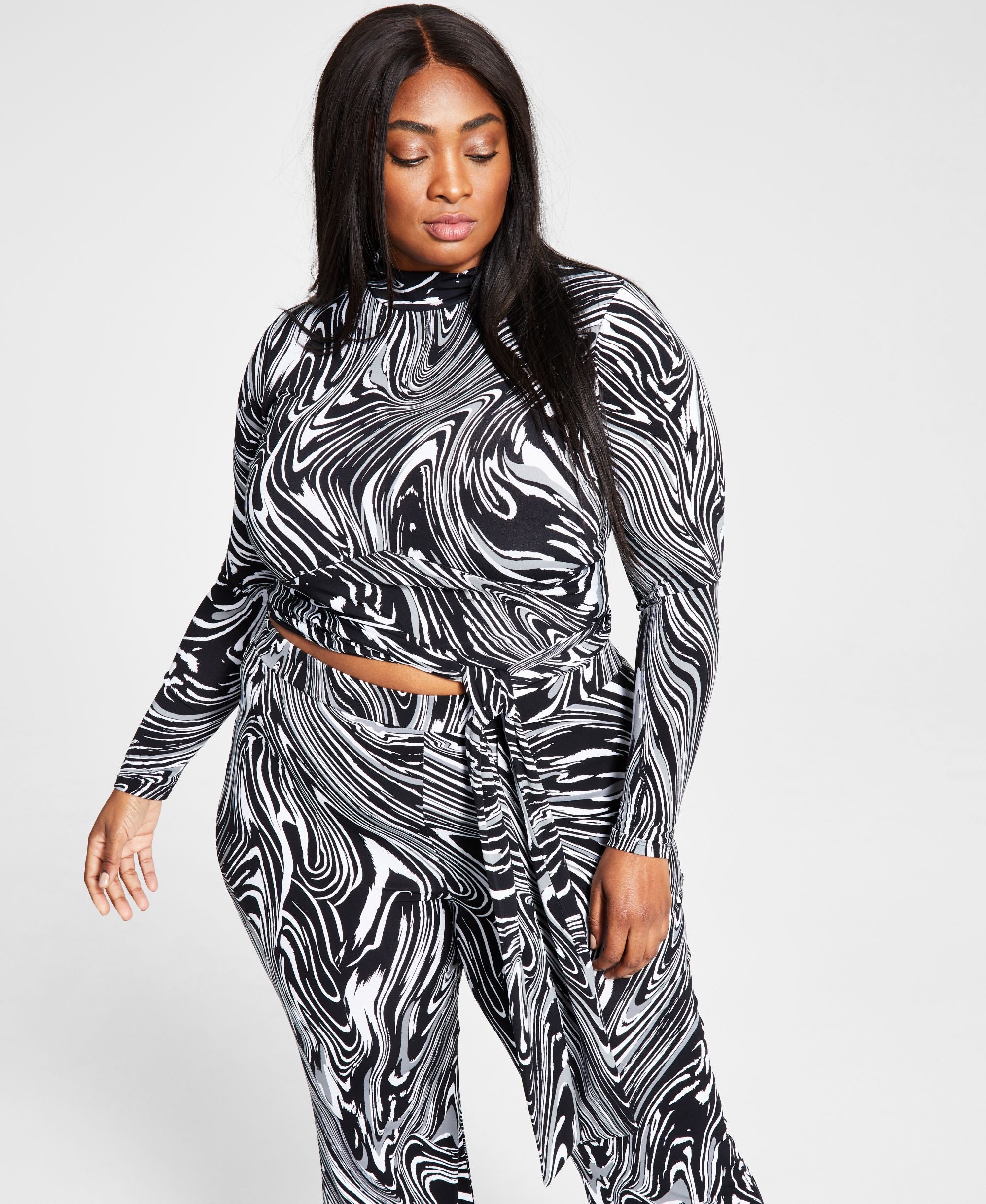 Bar III Trendy Plus Size Long Sleeved Printed Wrap Around Top