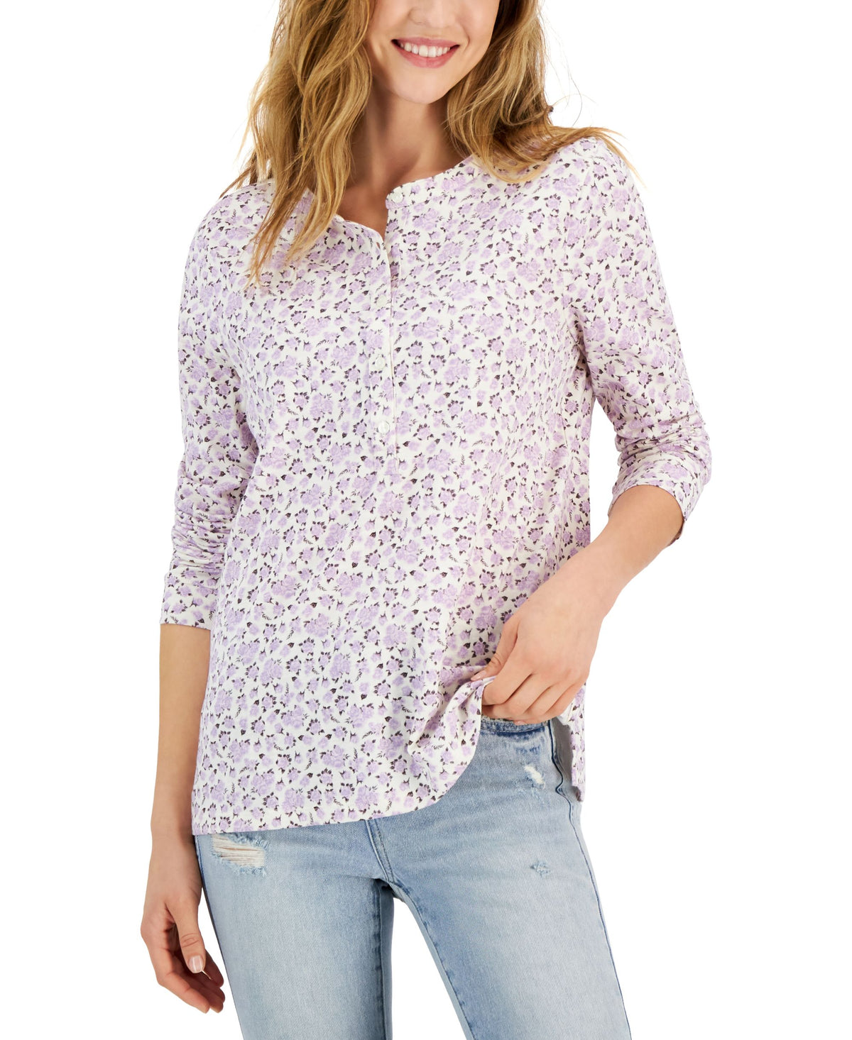 Style & Co Cotton Printed Henley Top