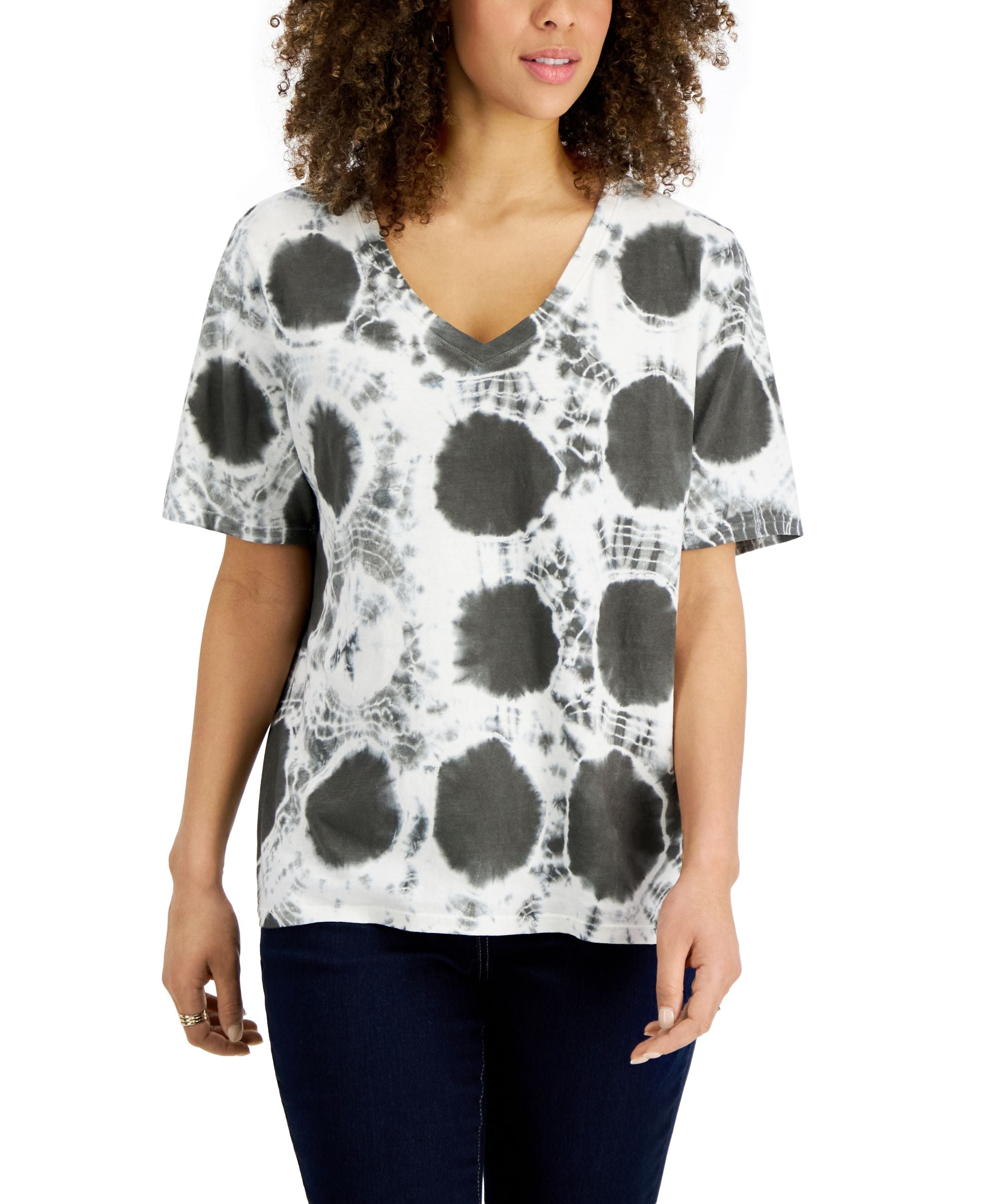 Style & Co Womens Cotton Printed Oversized V Neck T-Shirt