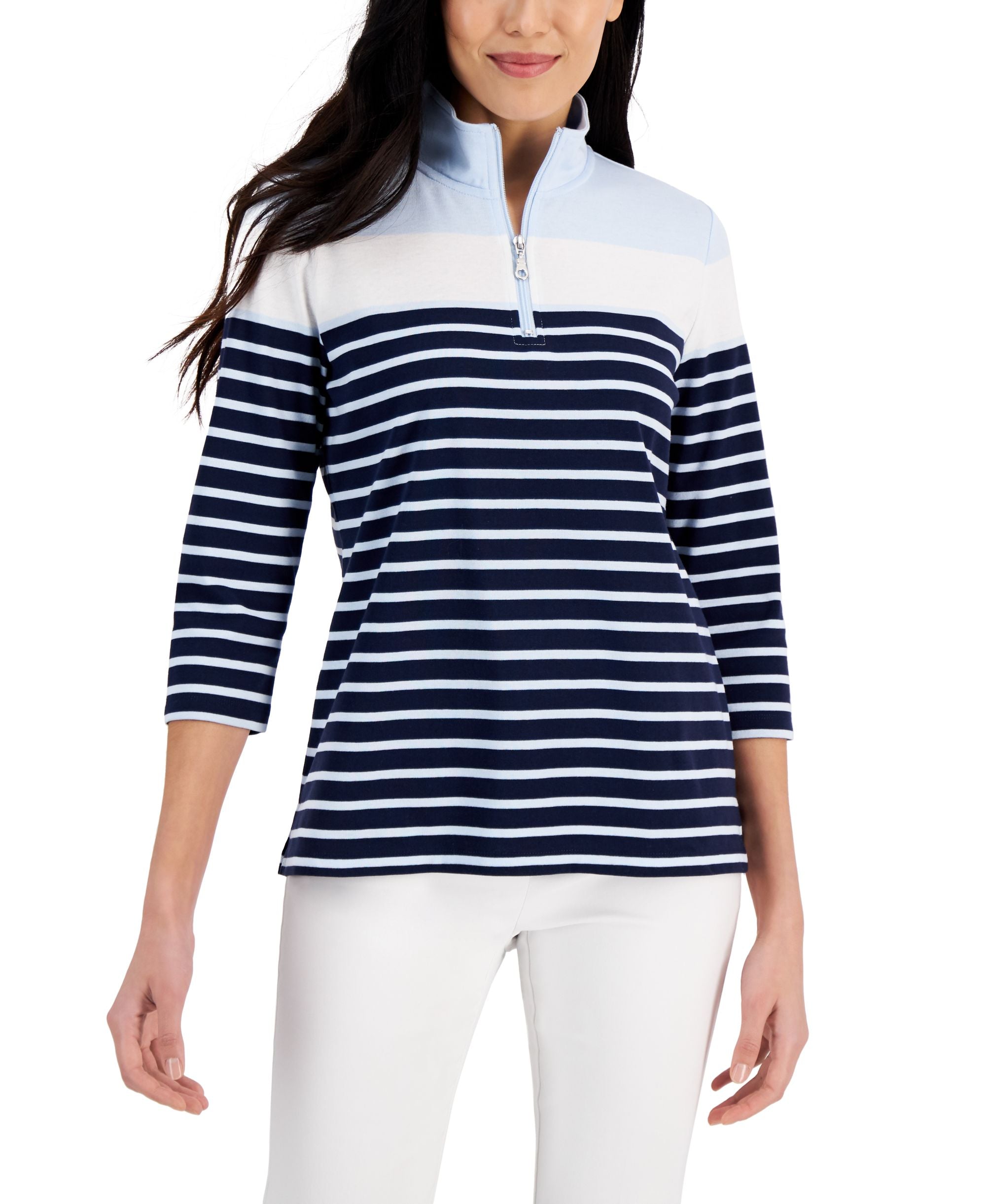 Karen Scott Striped Quarter Zip 3/4 Sleeve Top