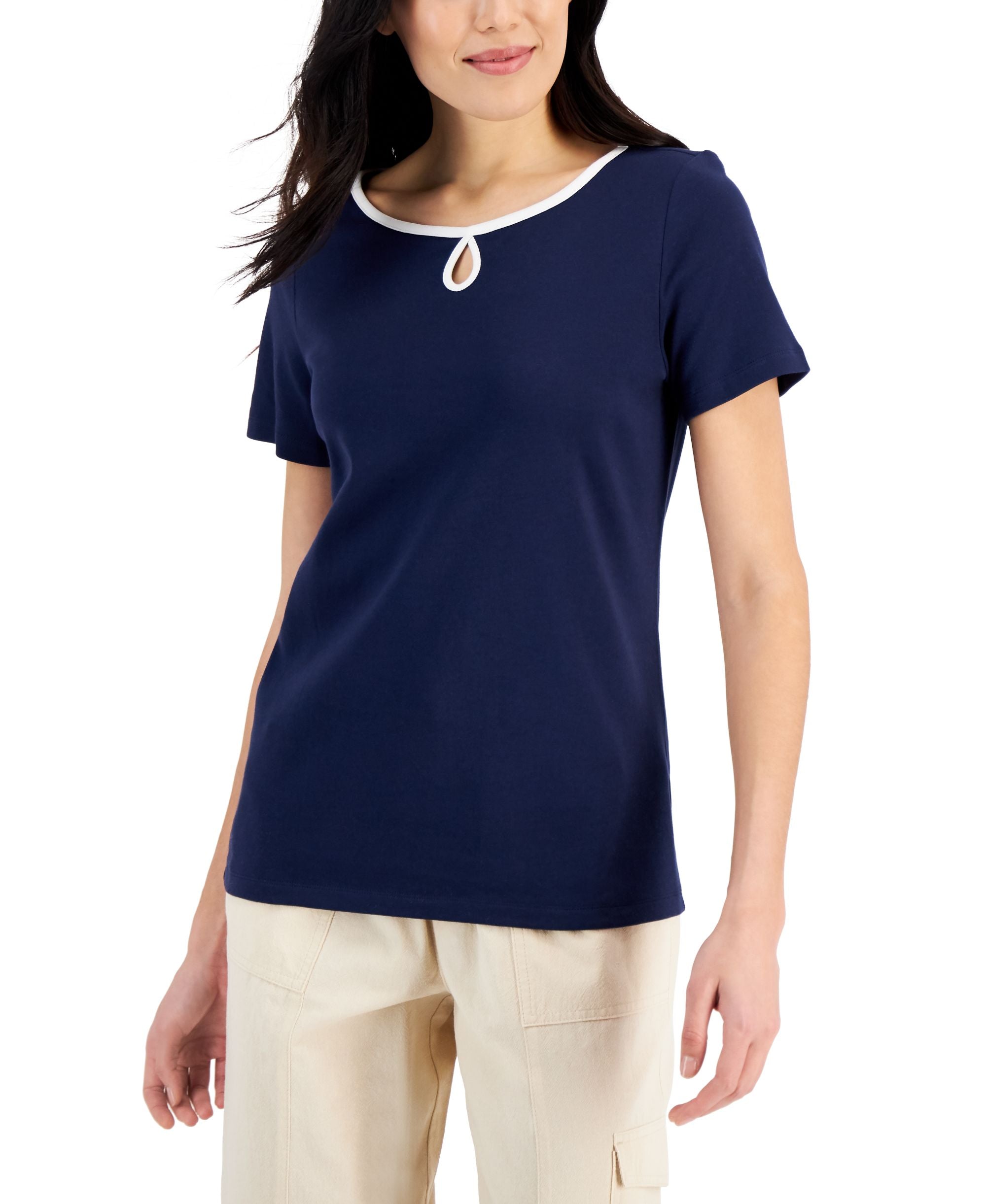 Karen Scott Short Sleeve Keyhole Boat Neck Top