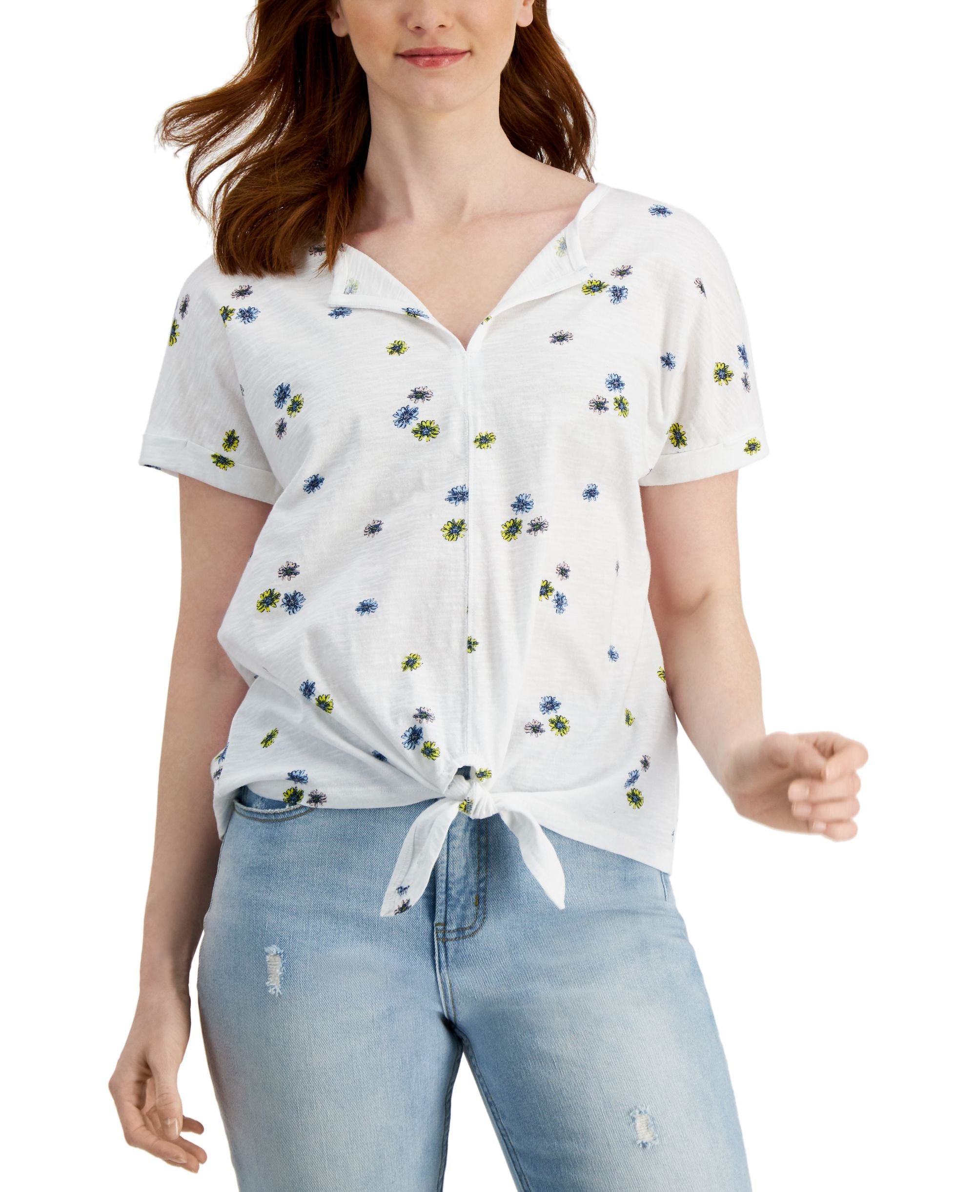 Style & Co Cotton Printed Split Neck Dolman Top