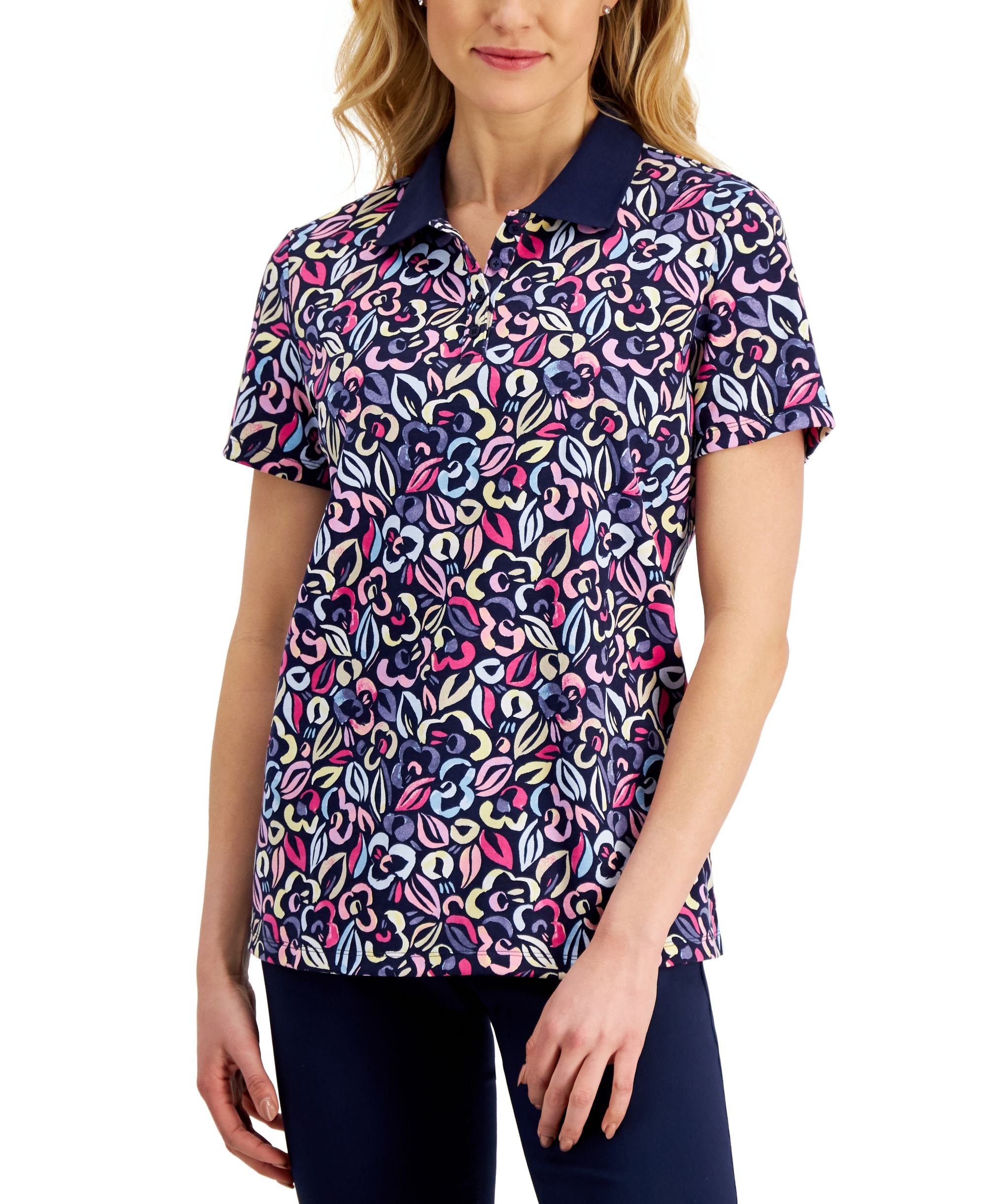 Karen Scott Womens Floral Polo Shirt