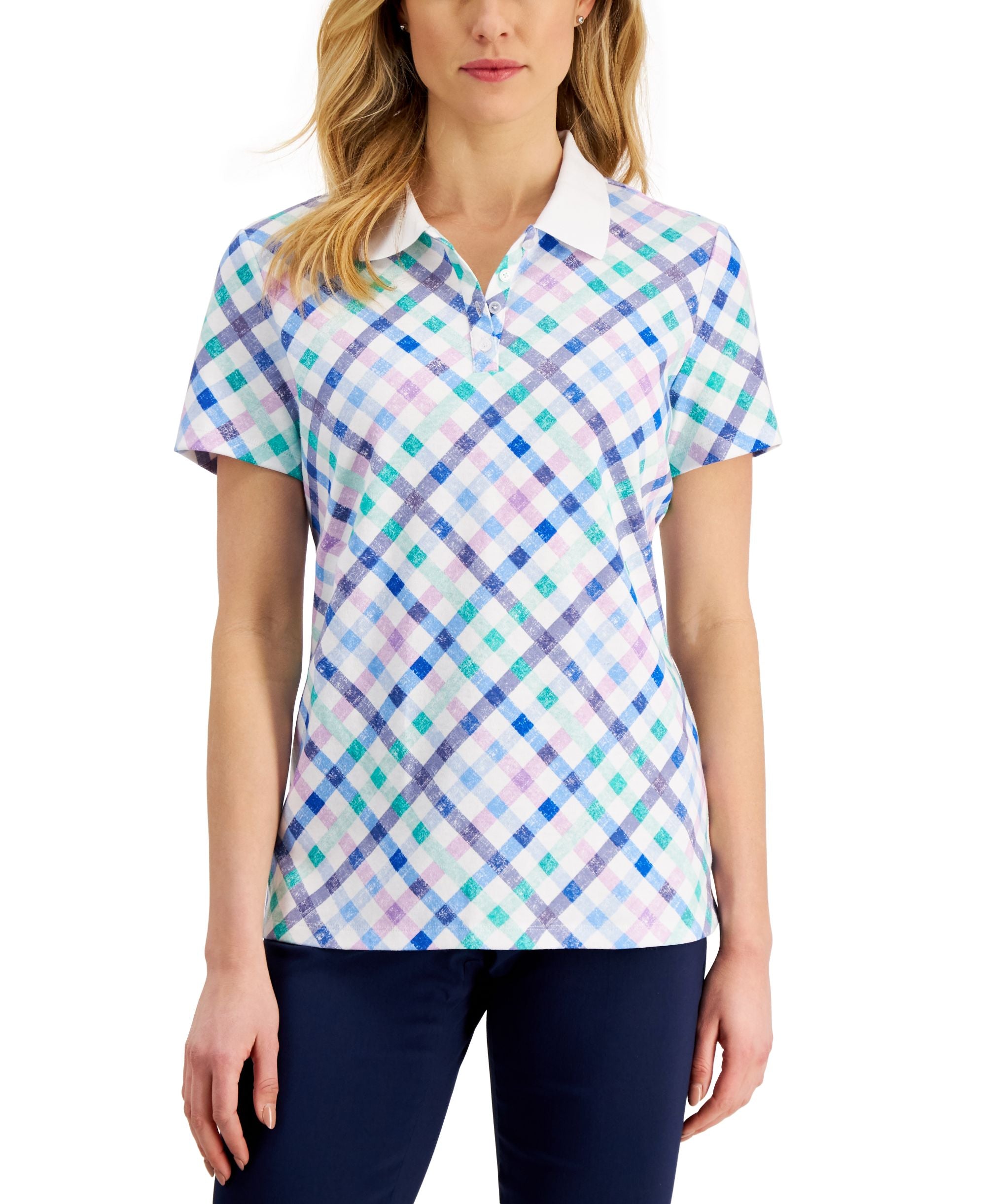 Karen Scott Womens Plaid Polo Shirt