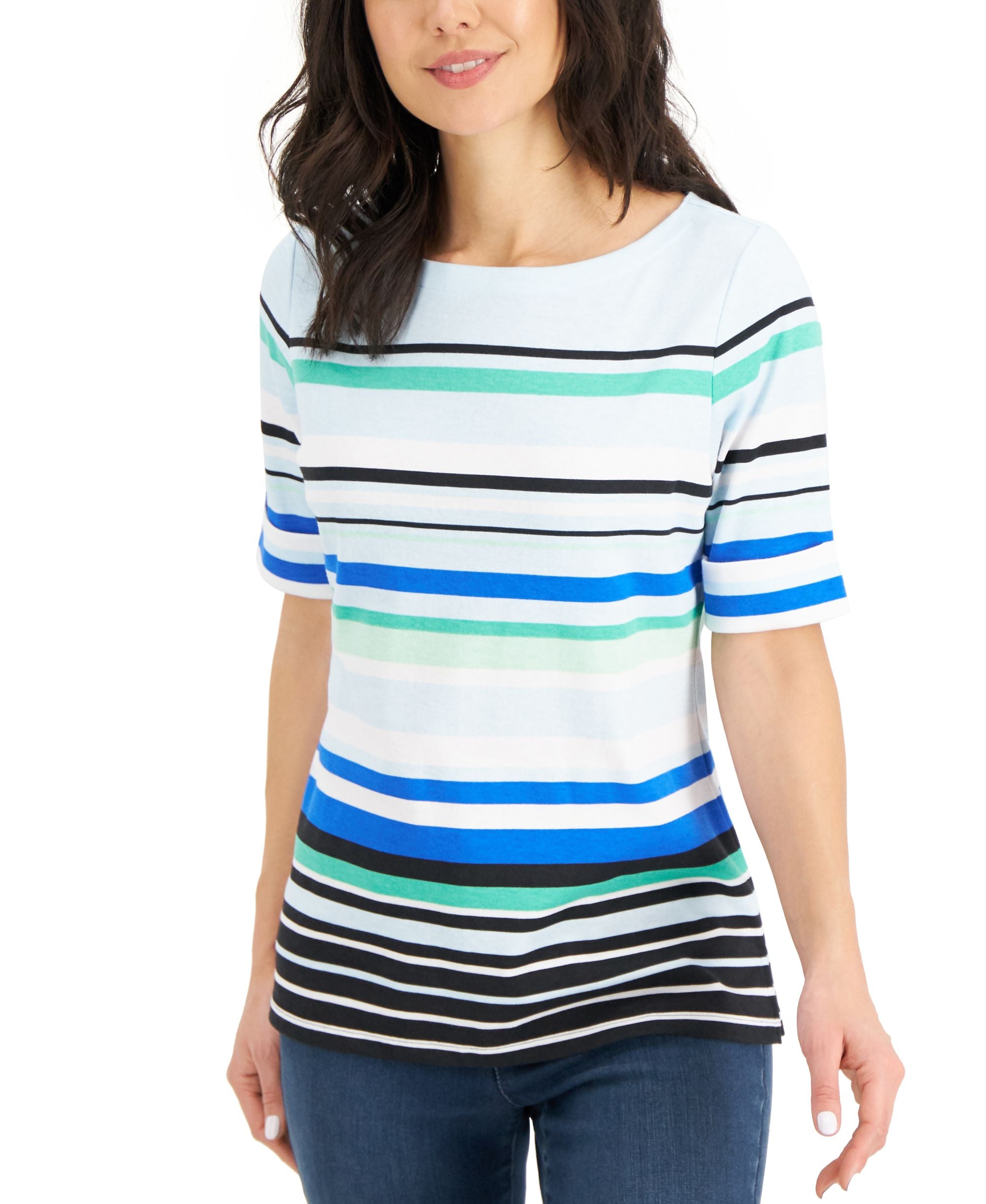 Karen Scott Striped Reese Boat Neck Short Sleeve Top