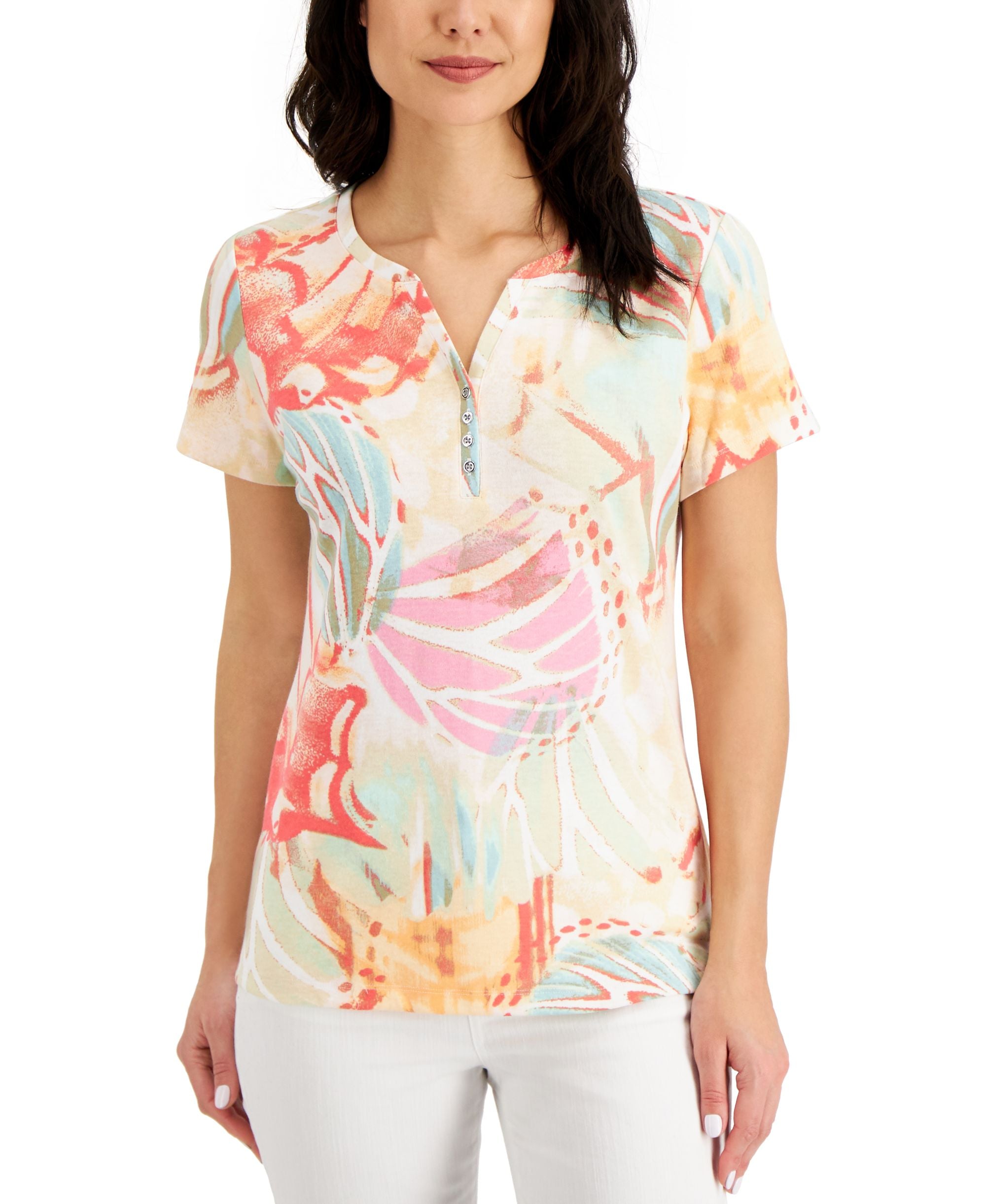Karen Scott Monarch Printed Henley Top