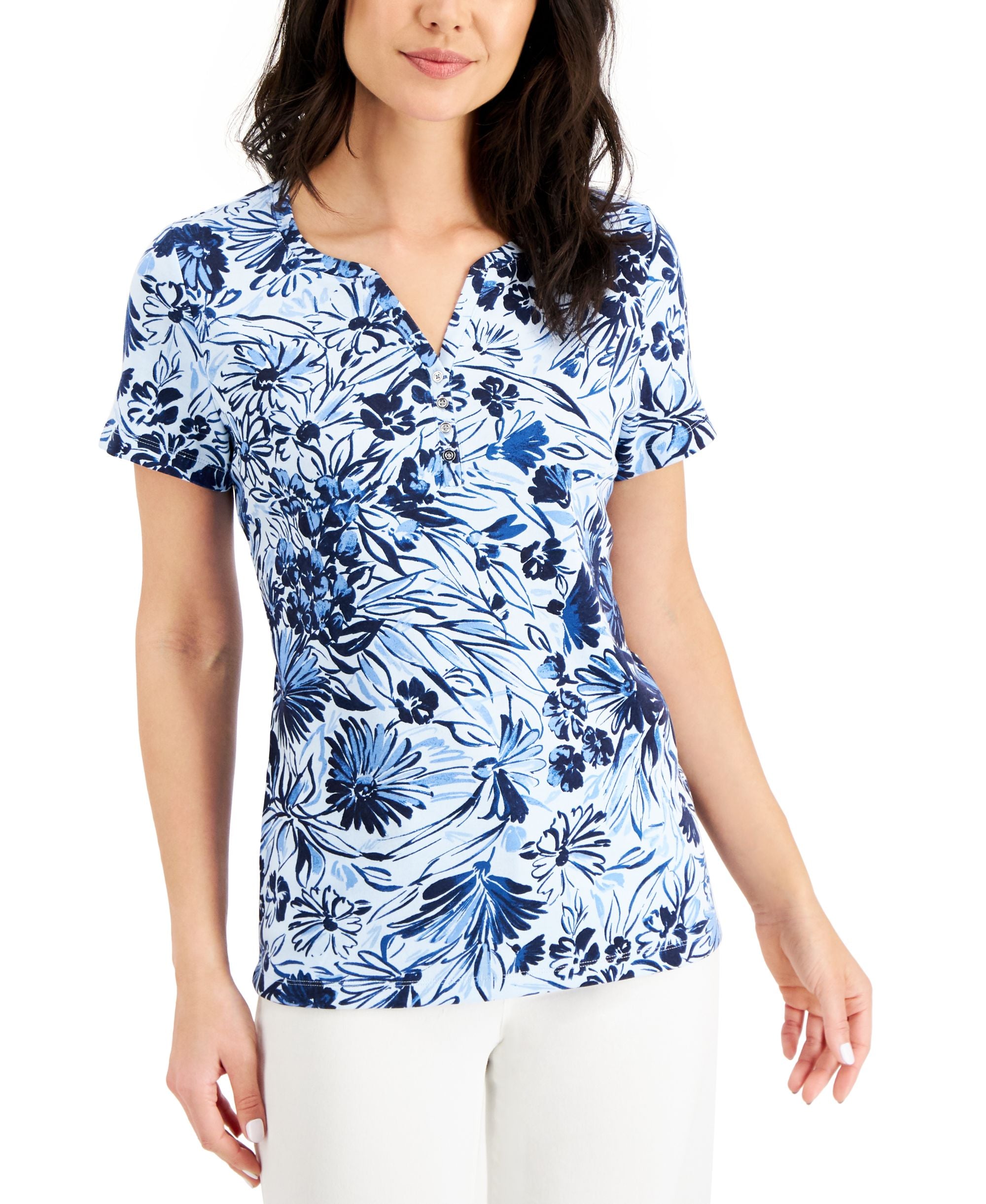 Karen Scott Floral Destiny Henley Top