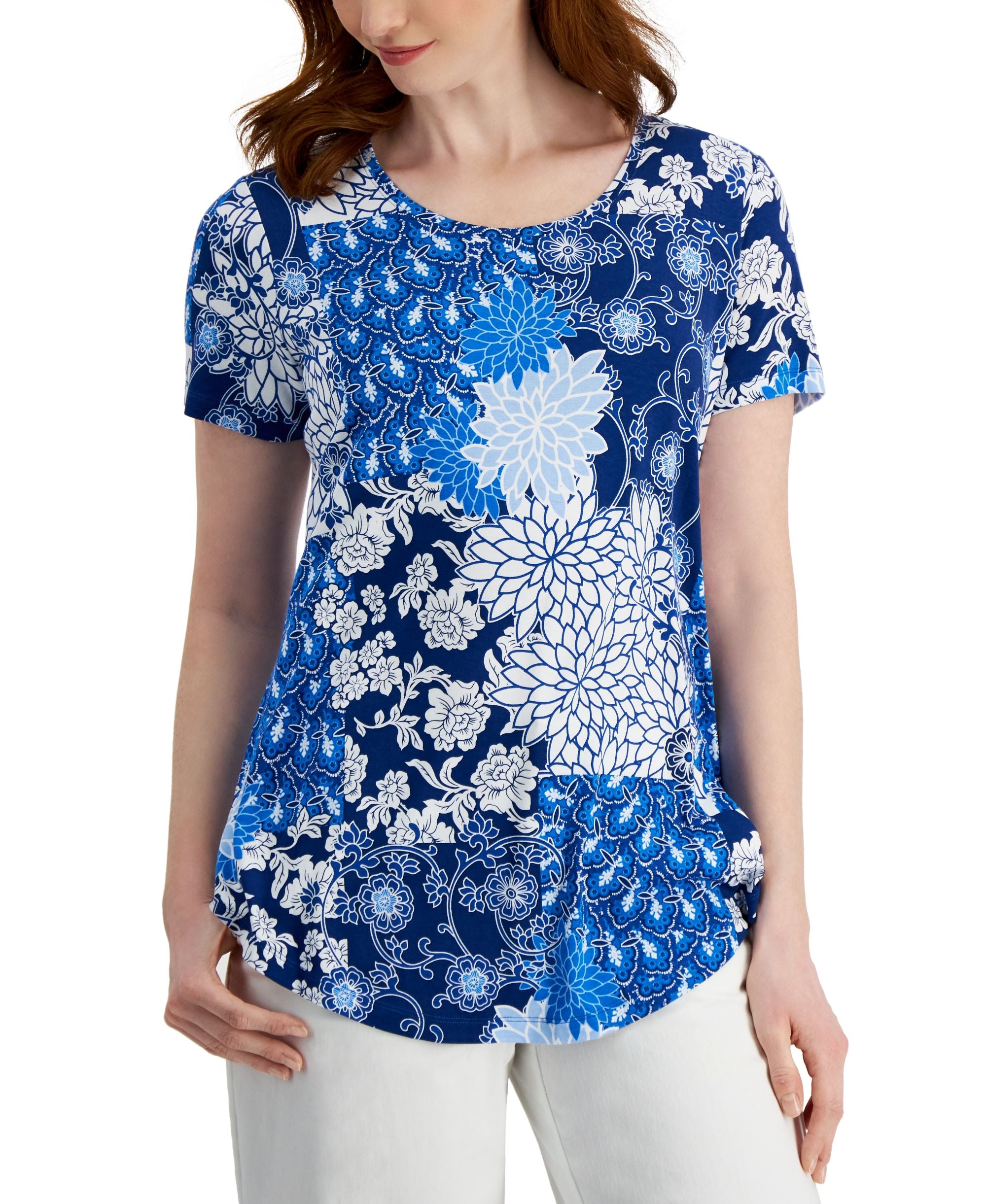 JM Collection Womens Patchwork-Print Top