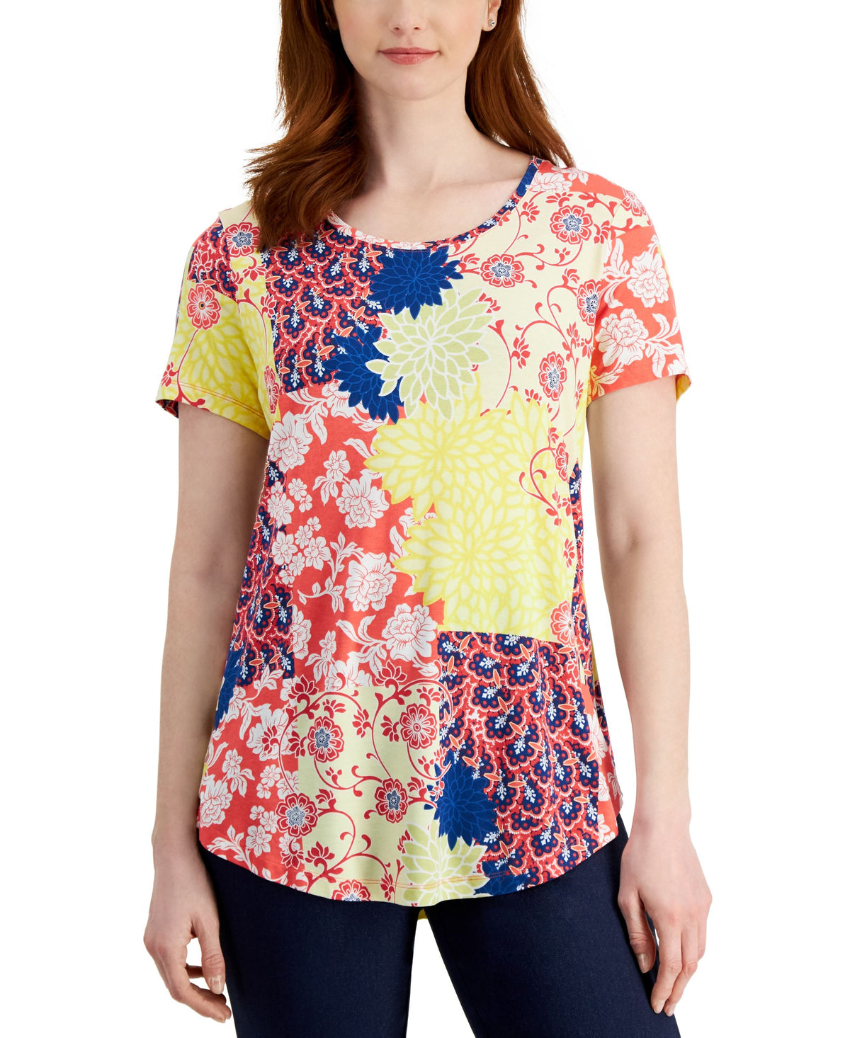 JM Collection Womens Patchwork-Print Top