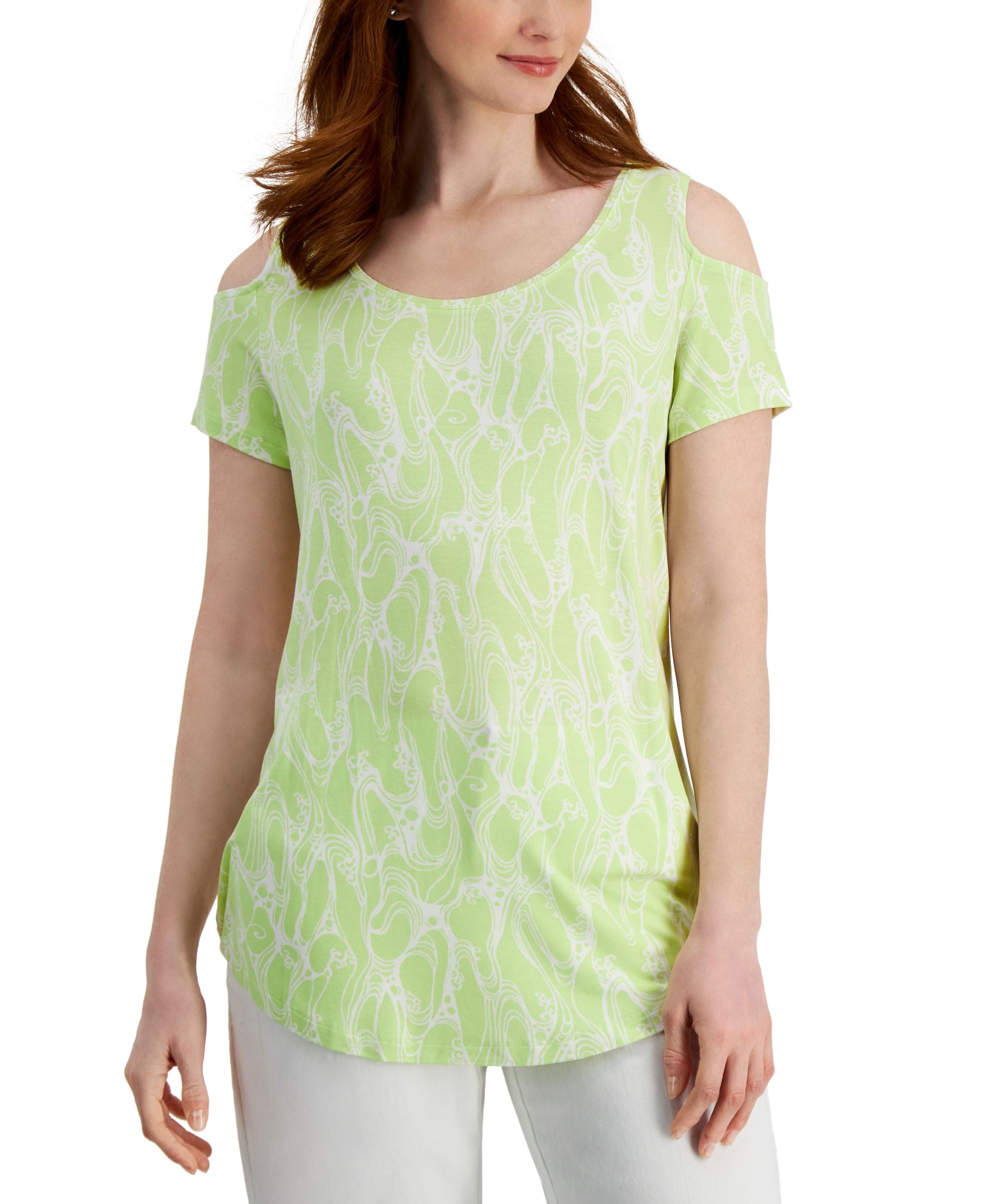 JM Collection Womens Printed Cold Shoulder Top