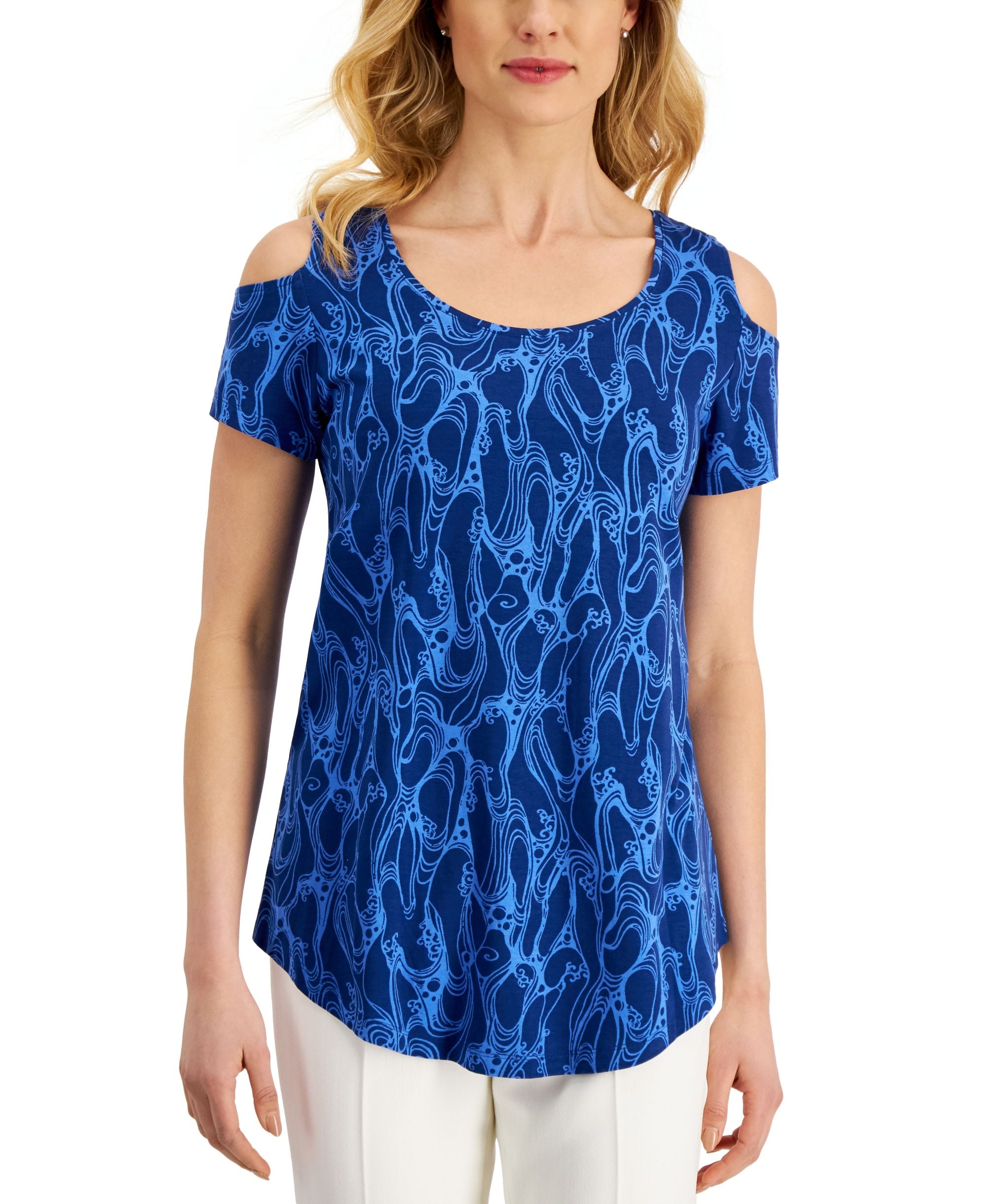 JM Collection Womens Printed Cold Shoulder Top